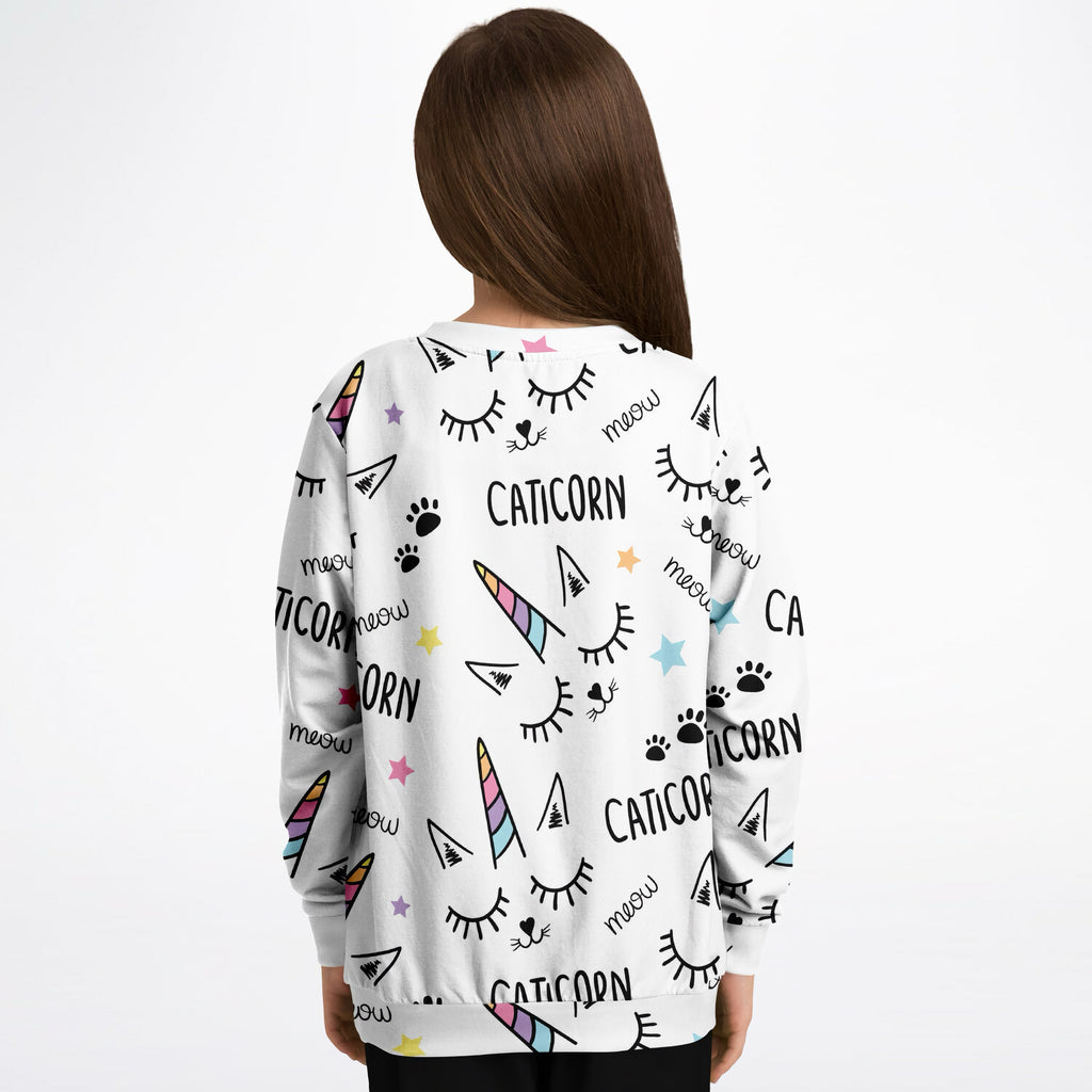 White girls magical caticorn sweatshirt with rainbow unicorns cat eyes paw prints black lettering in cozy cotton fleece