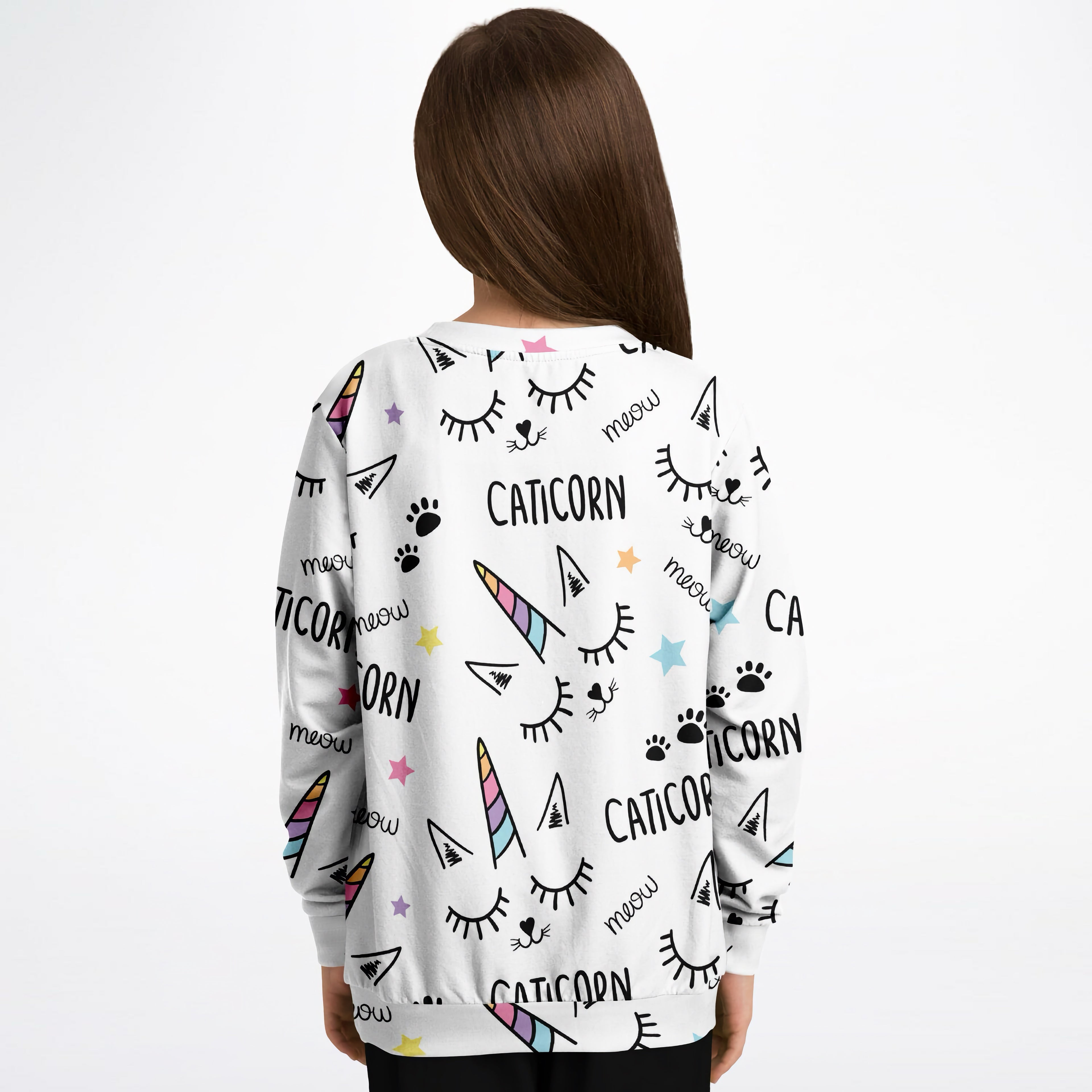 White girls magical caticorn sweatshirt with rainbow unicorns cat eyes paw prints black lettering in cozy cotton fleece