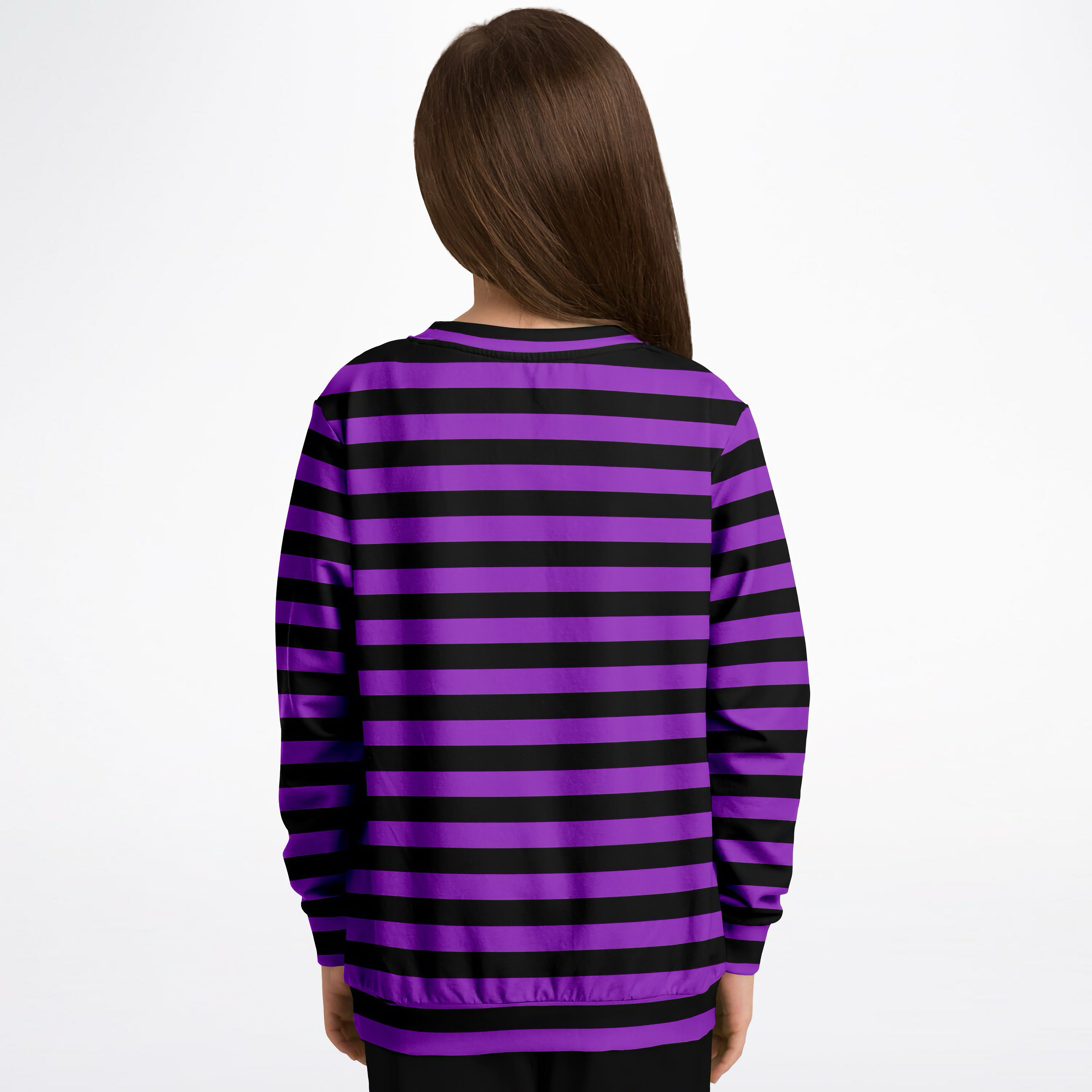 Kids purple and black striped long-sleeved sweatshirt made of cozy cotton fleece for halloween and casual wear