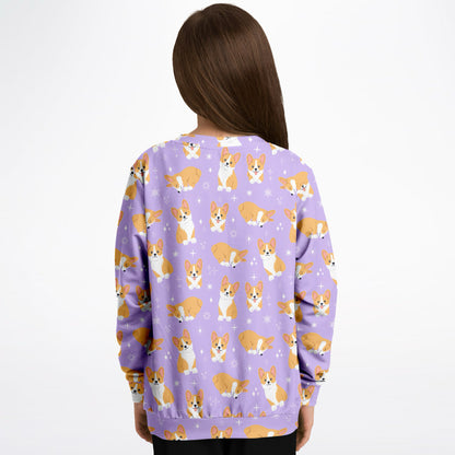 Girls Purple Corgi Dog Sweatshirt – Cozy Cotton Fleece or Lightweight Sports Fabric