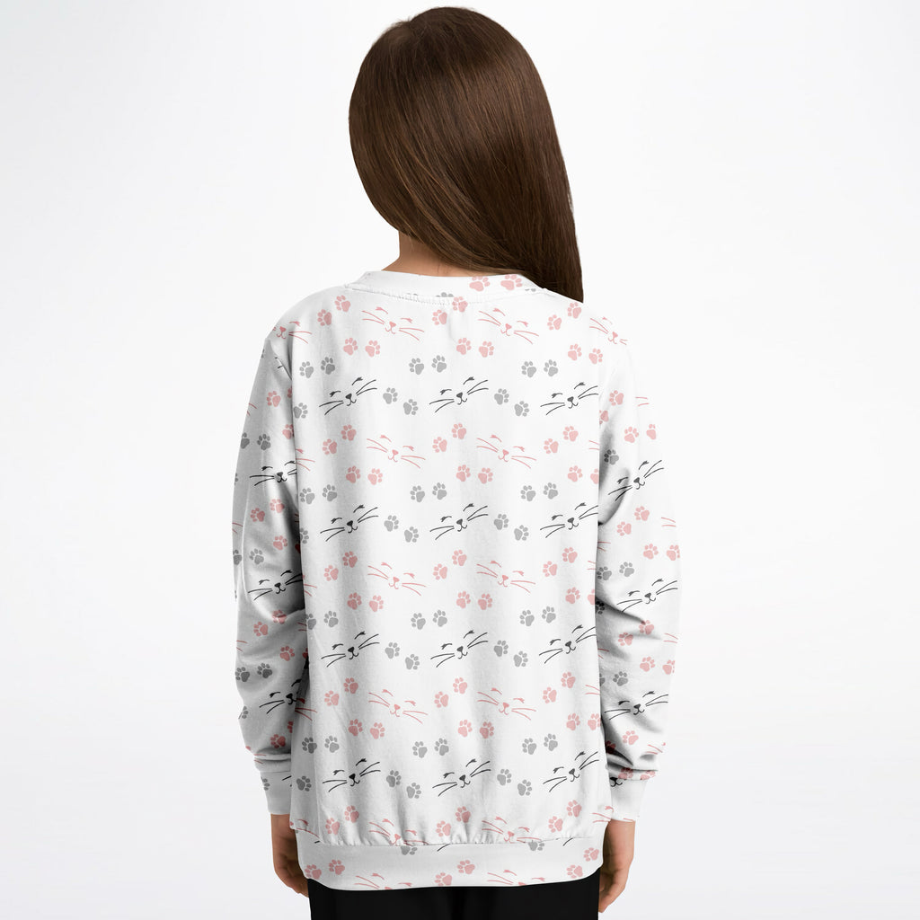 White girls long-sleeved sweatshirt with pink and gray cat faces and paw prints in cozy cotton fleece fabric