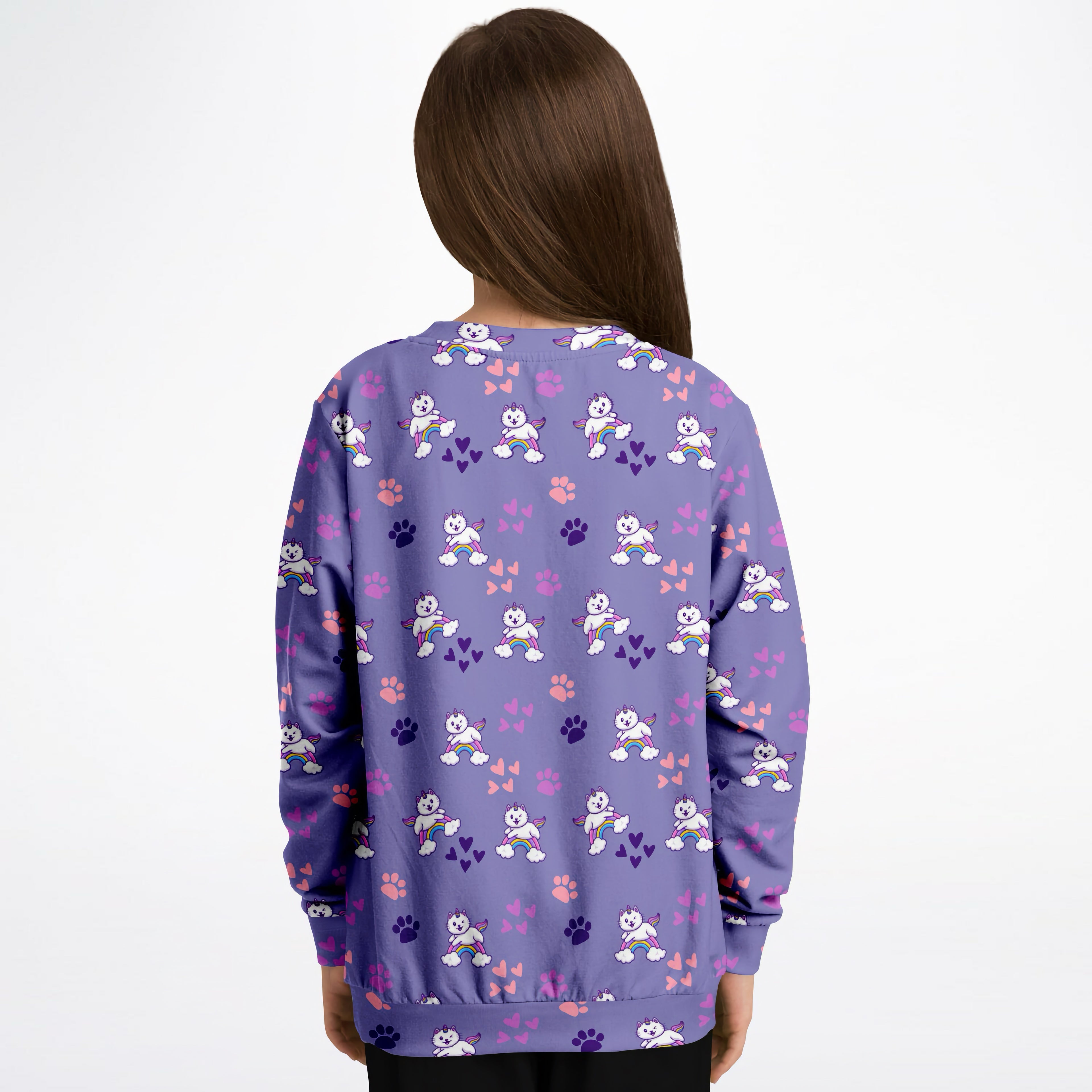Girls purple caticorns sweatshirt with playful white cartoon cats and rainbow wings made from cozy cotton fleece