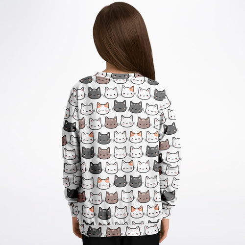 White girls cute cat sweatshirt with colorful cartoon cat faces made of cozy cotton fleece or lightweight sports fabric
