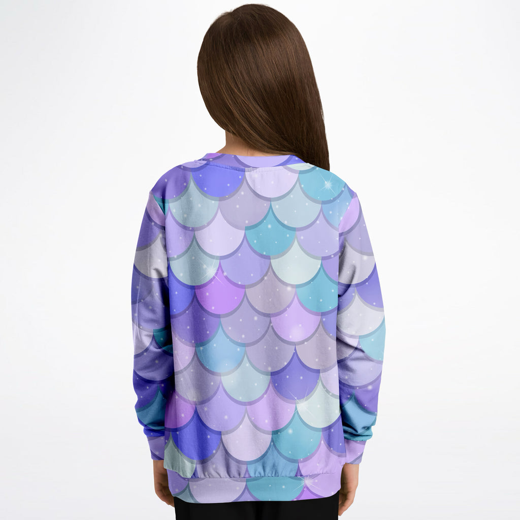Girls purple mermaid scales sweatshirt with vibrant gradient pattern in cotton fleece or lightweight sports fabric