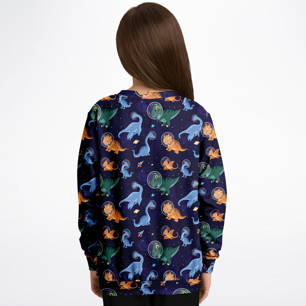Navy blue kids space dinosaur sweatshirt with cartoon astronauts print made of cozy cotton fleece or lightweight sports fabric