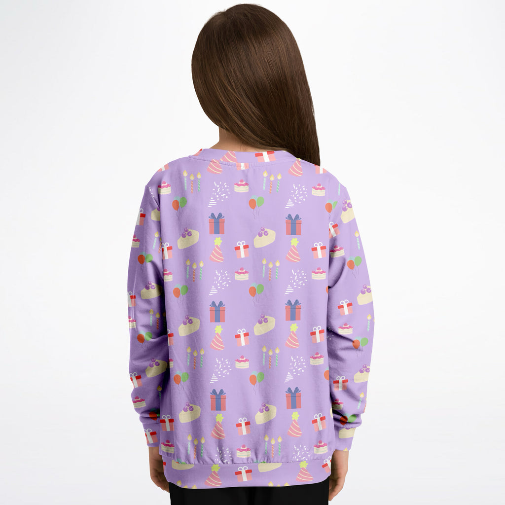 Girls purple birthday pattern sweatshirt with birthday cakes and gifts in soft cotton fleece or lightweight sports fabric