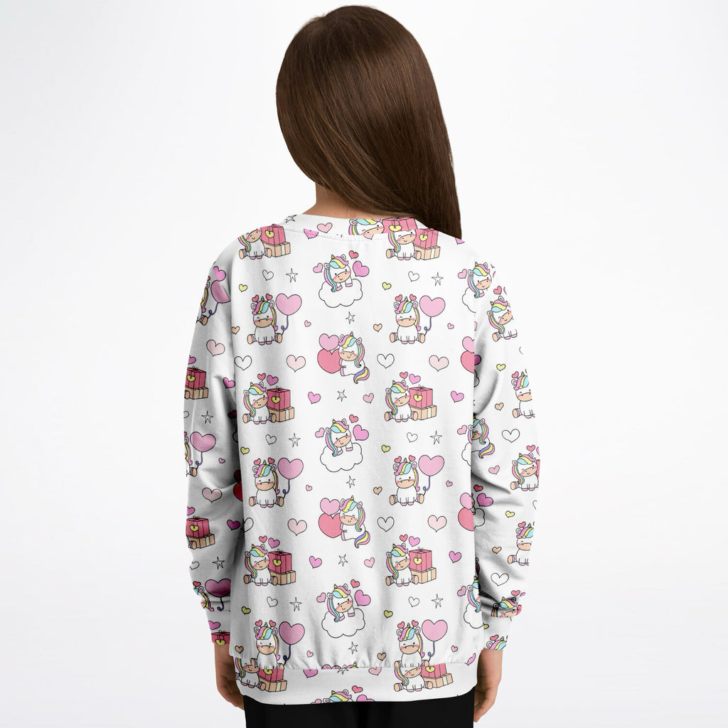 White girls unicorn birthday sweatshirt with cartoon unicorns hearts gift boxes in cozy cotton fleece or sports fabric