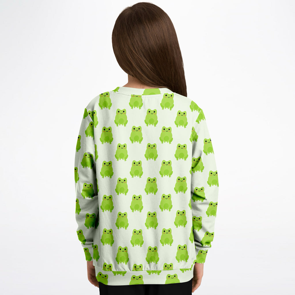 Kids green frog sweatshirt featuring a light green frog pattern made from cozy cotton fleece or lightweight sports fabric