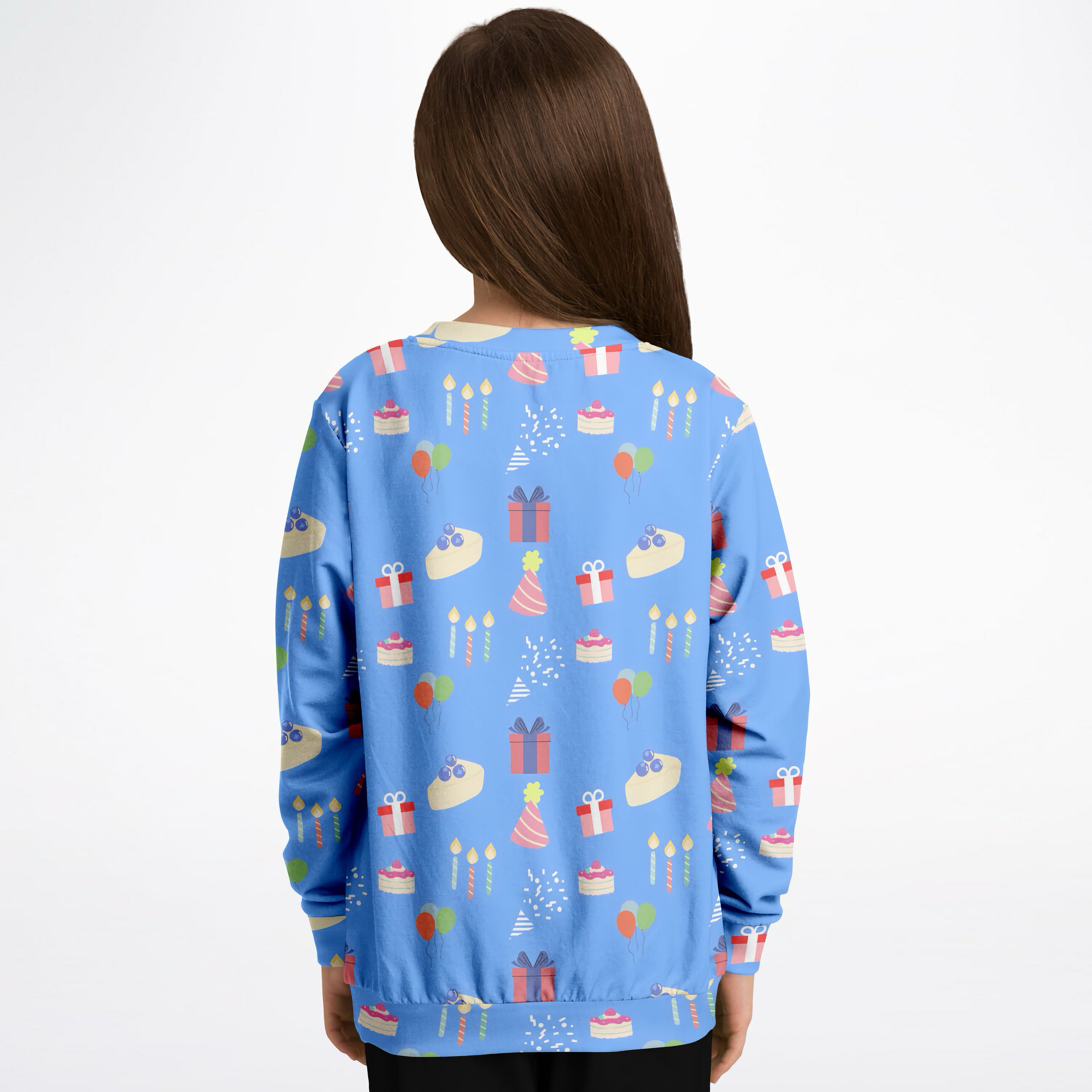 Kids blue birthday pattern sweatshirt with playful cakes and gifts design in cozy cotton fleece or lightweight fabric