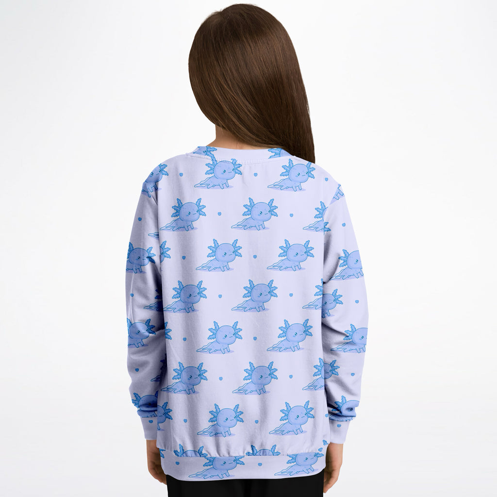 Kids Blue Axolotl Sweatshirt – Cozy Cotton Fleece or Lightweight Sports Fabric