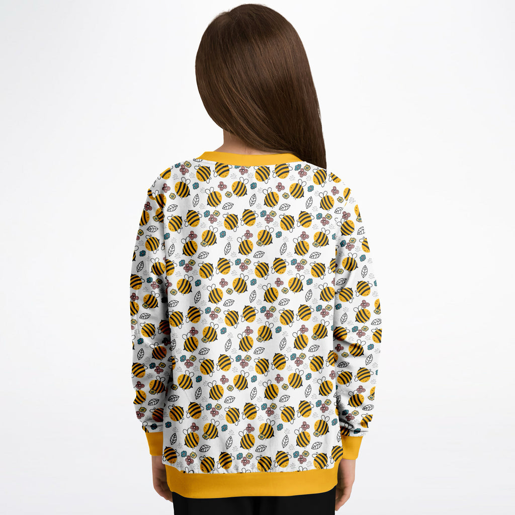 Kids bumble bee sweatshirt white cotton fleece with yellow and black bee pattern green leaves purple flowers and mustard trim