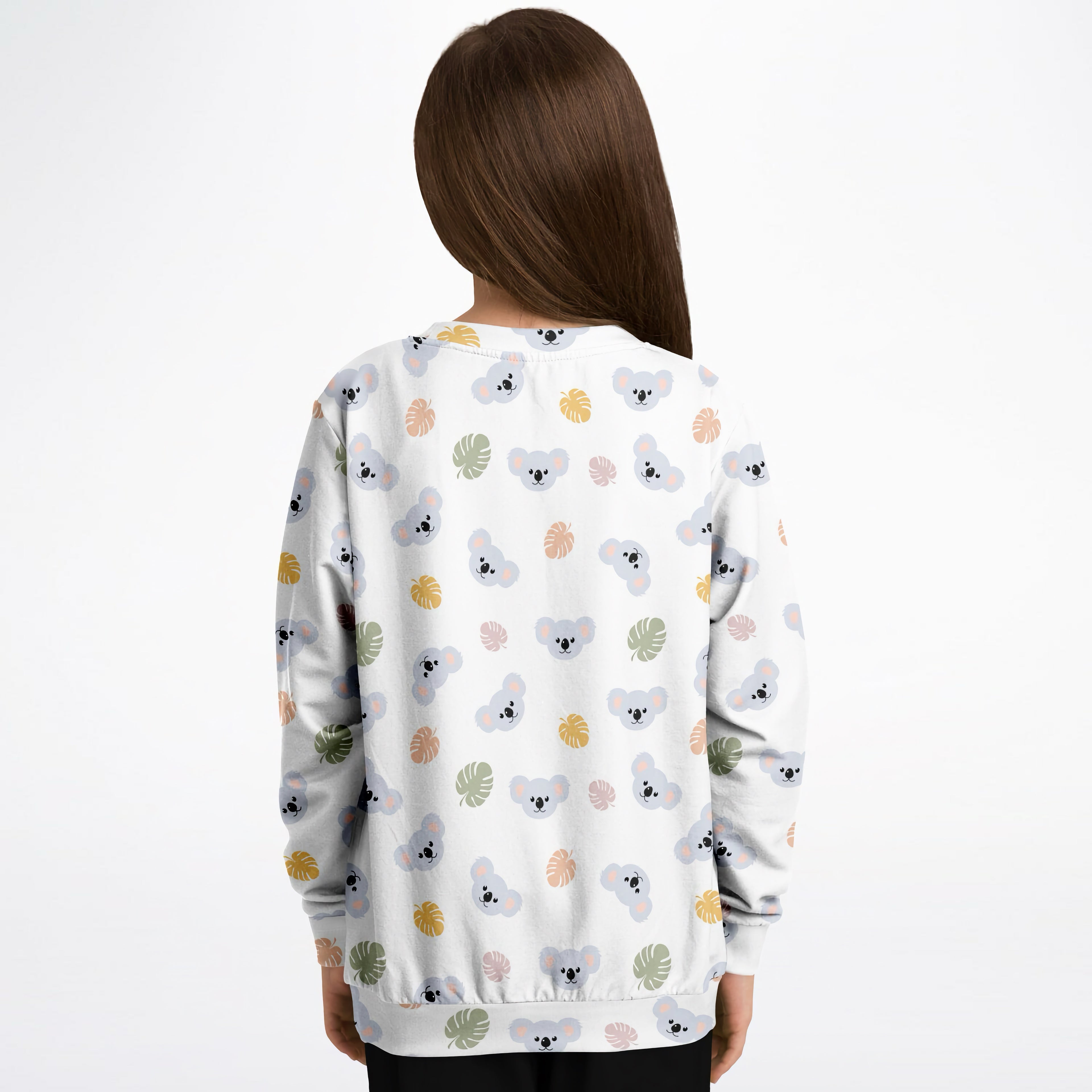 Kids koala bear sweatshirt in white cotton fleece with gray koalas and soft yellow green pink tropical leaves pattern