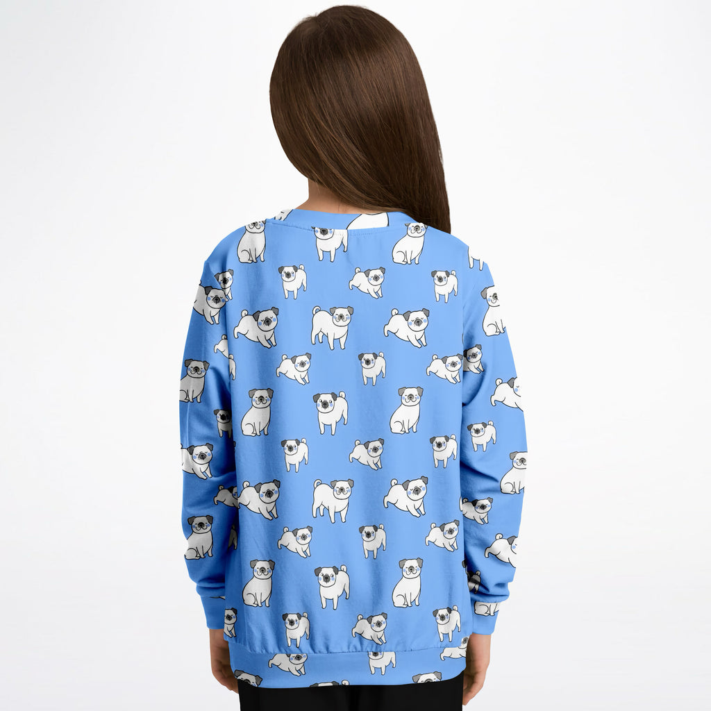 Kids Blue Pug Sweatshirt – Cozy Cotton Fleece or Lightweight Sports Fabric
