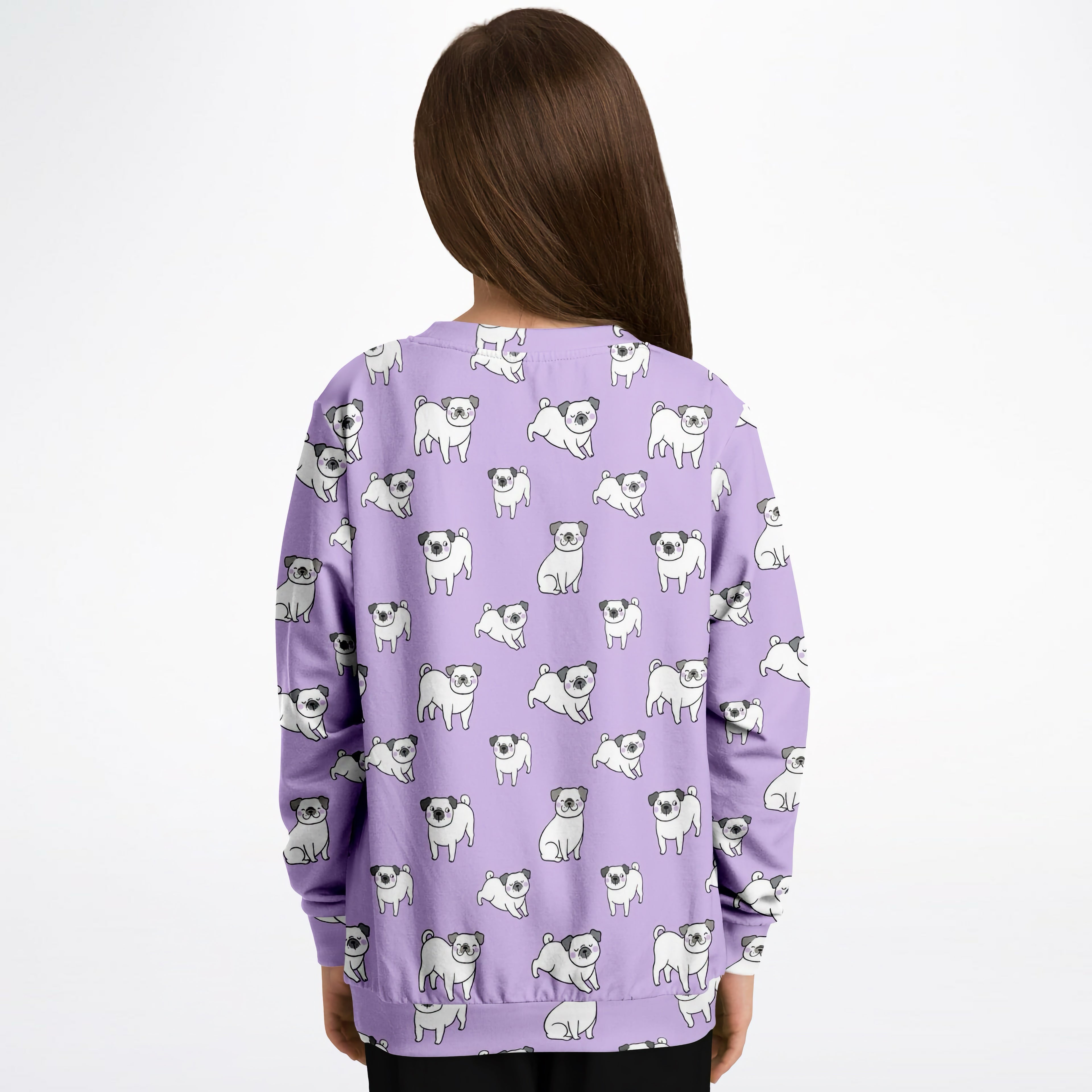 Girls purple pug sweatshirt in cozy cotton fleece with long sleeves and repeating white and gray cartoon pug pattern