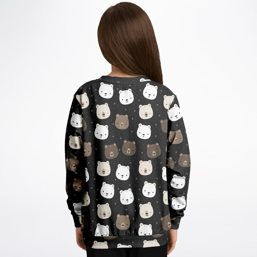 Kids bear face sweatshirt in black cotton fleece with white and brown cartoon bear faces for cozy wear