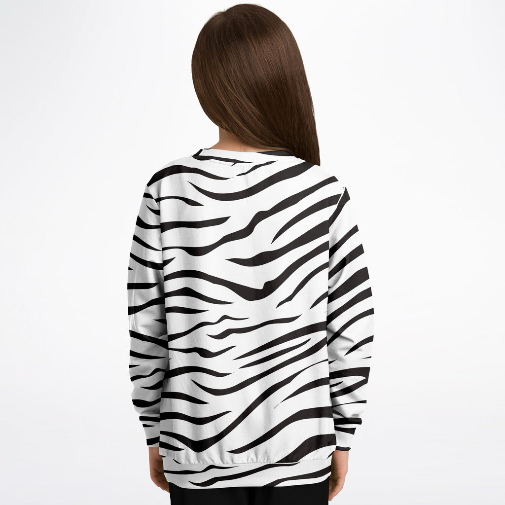 Kids zebra print sweatshirt with black and white stripes long sleeves crew neck cozy cotton fleece fabric