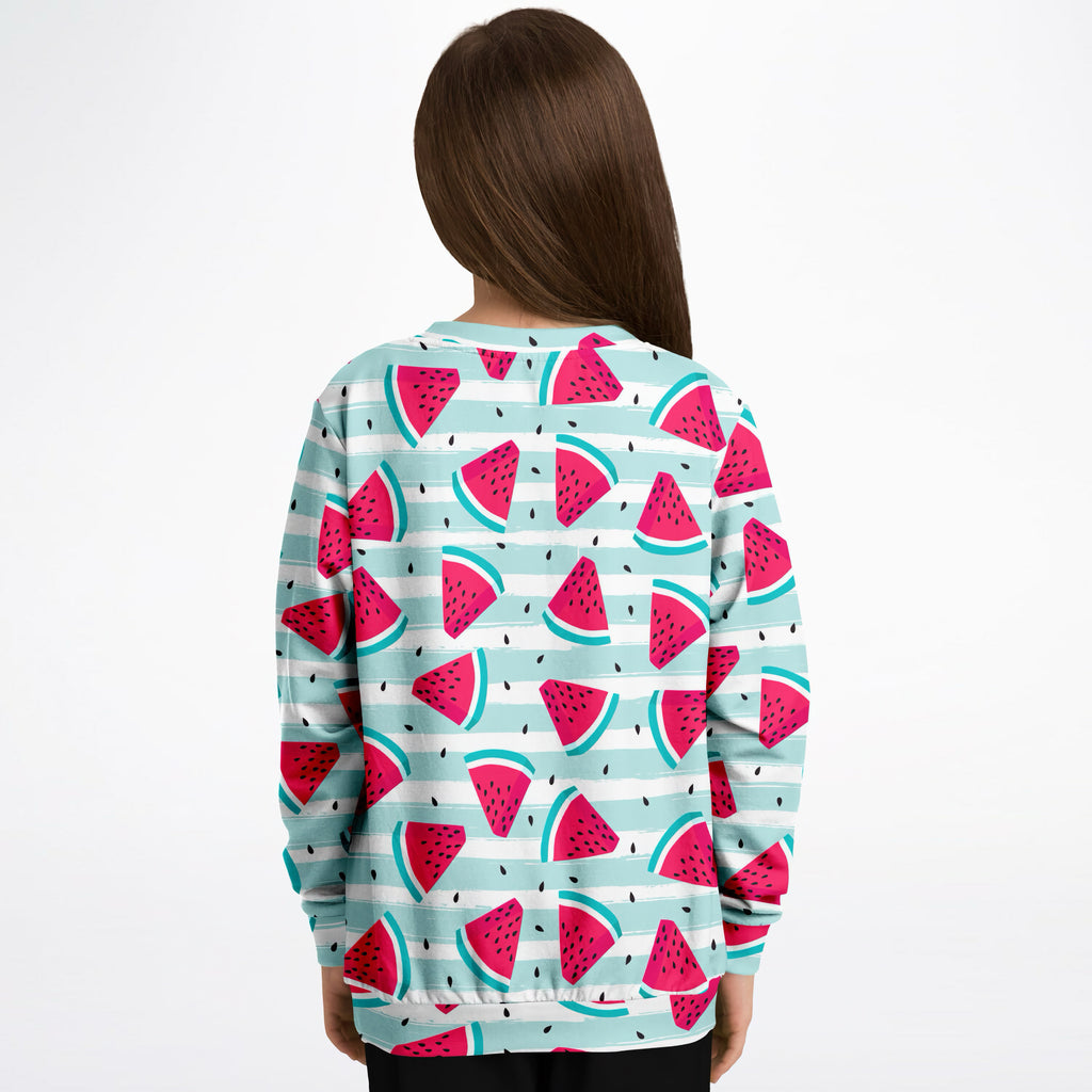 Kids striped watermelon sweatshirt with vibrant watermelon slice pattern in mint green white pink cotton fleece