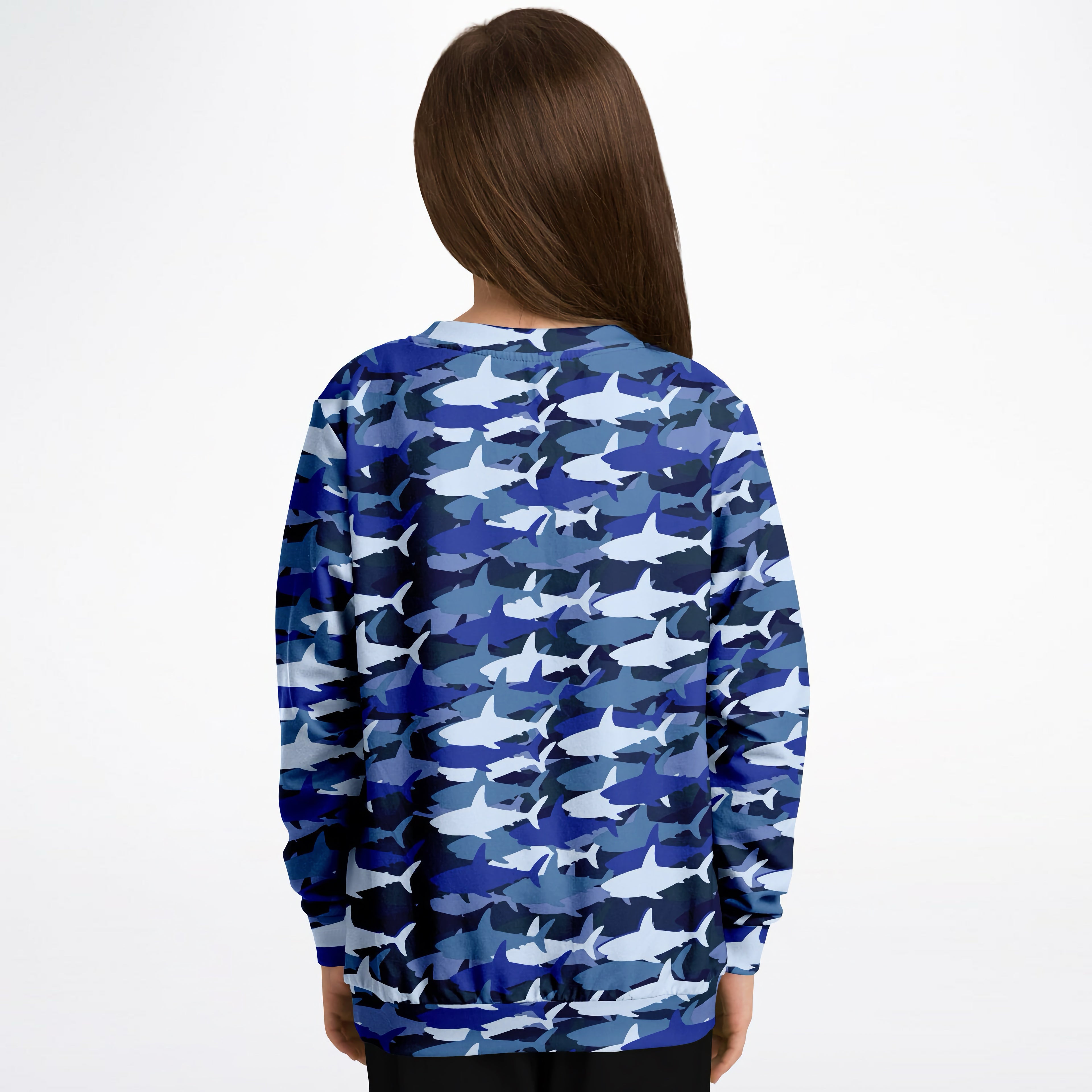 Kids blue shark sweatshirt with blue and white shark camouflage long sleeve made of cozy cotton fleece