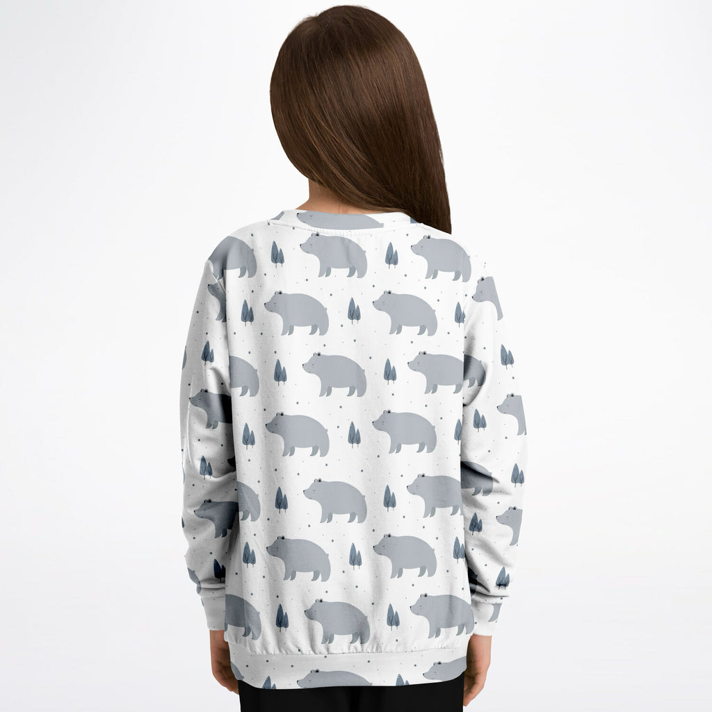 White kids polar bear sweatshirt with gray bear and tree pattern made of cozy cotton fleece or lightweight sports fabric
