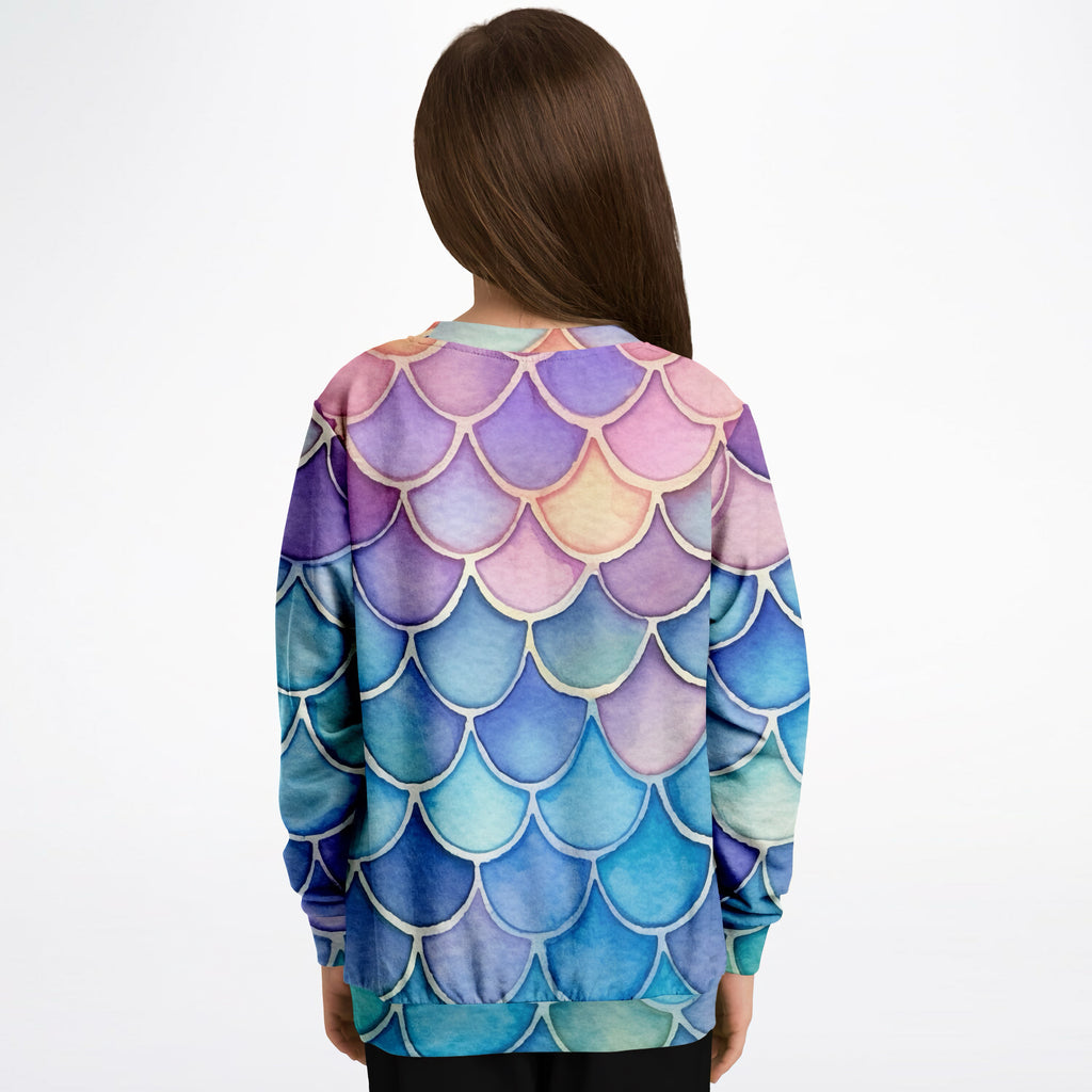 Girls colorful mermaid scales long-sleeved sweatshirt with vibrant purple pink blue watercolor pattern in cozy cotton fleece