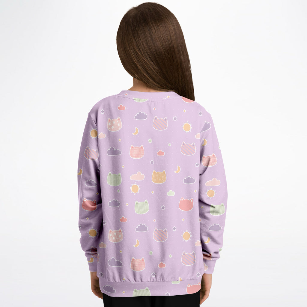 Girls Pastel Purple Kawaii Cats & Clouds Sweatshirt – Cozy Cotton Fleece or Lightweight Sports Fabric