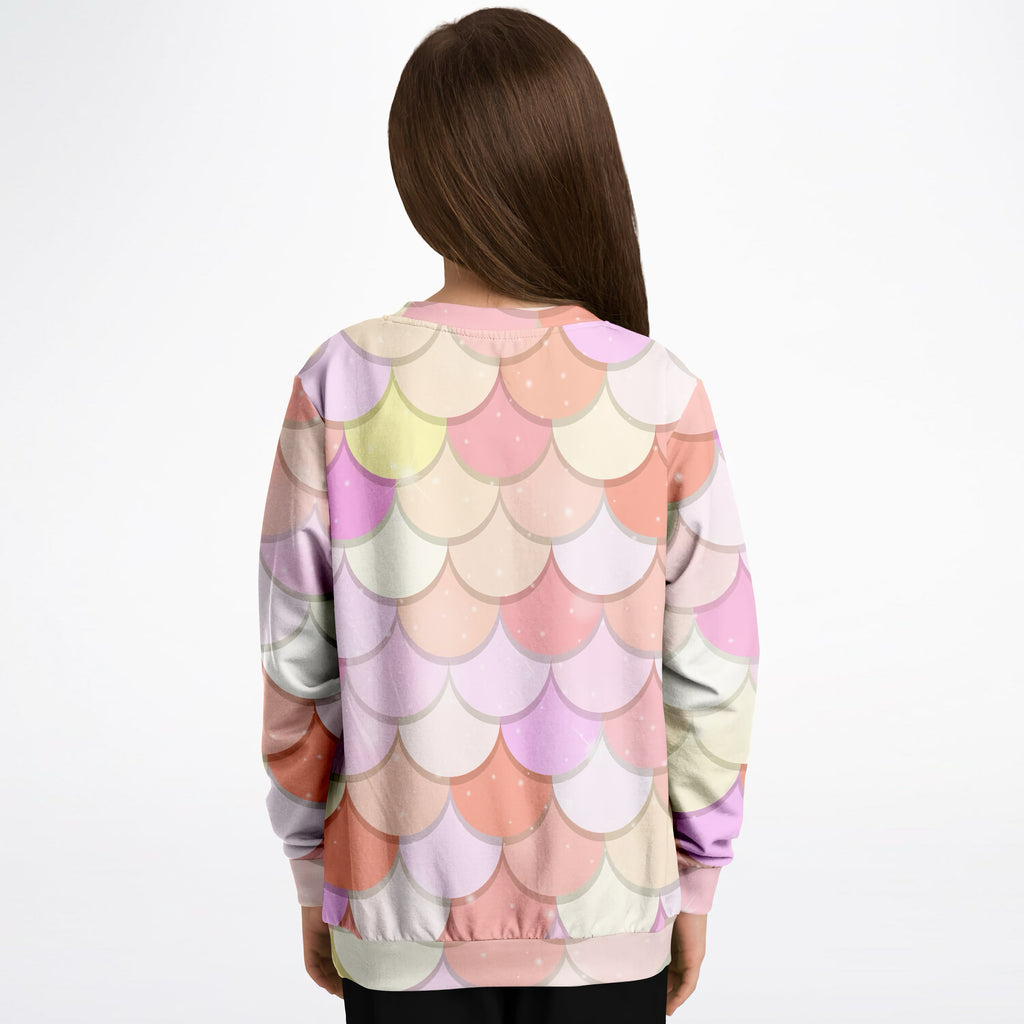 Girls pink mermaid scales sweatshirt with soft pastel pattern in pink lavender peach cream cozy cotton fleece