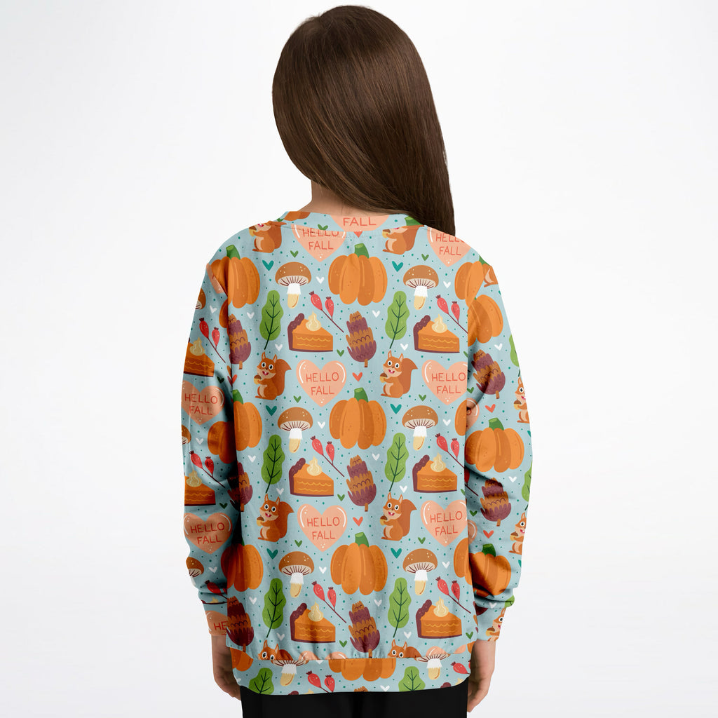 Kids hello fall light blue long-sleeved cotton fleece sweatshirt with autumn pumpkins squirrels mushrooms and pie pattern