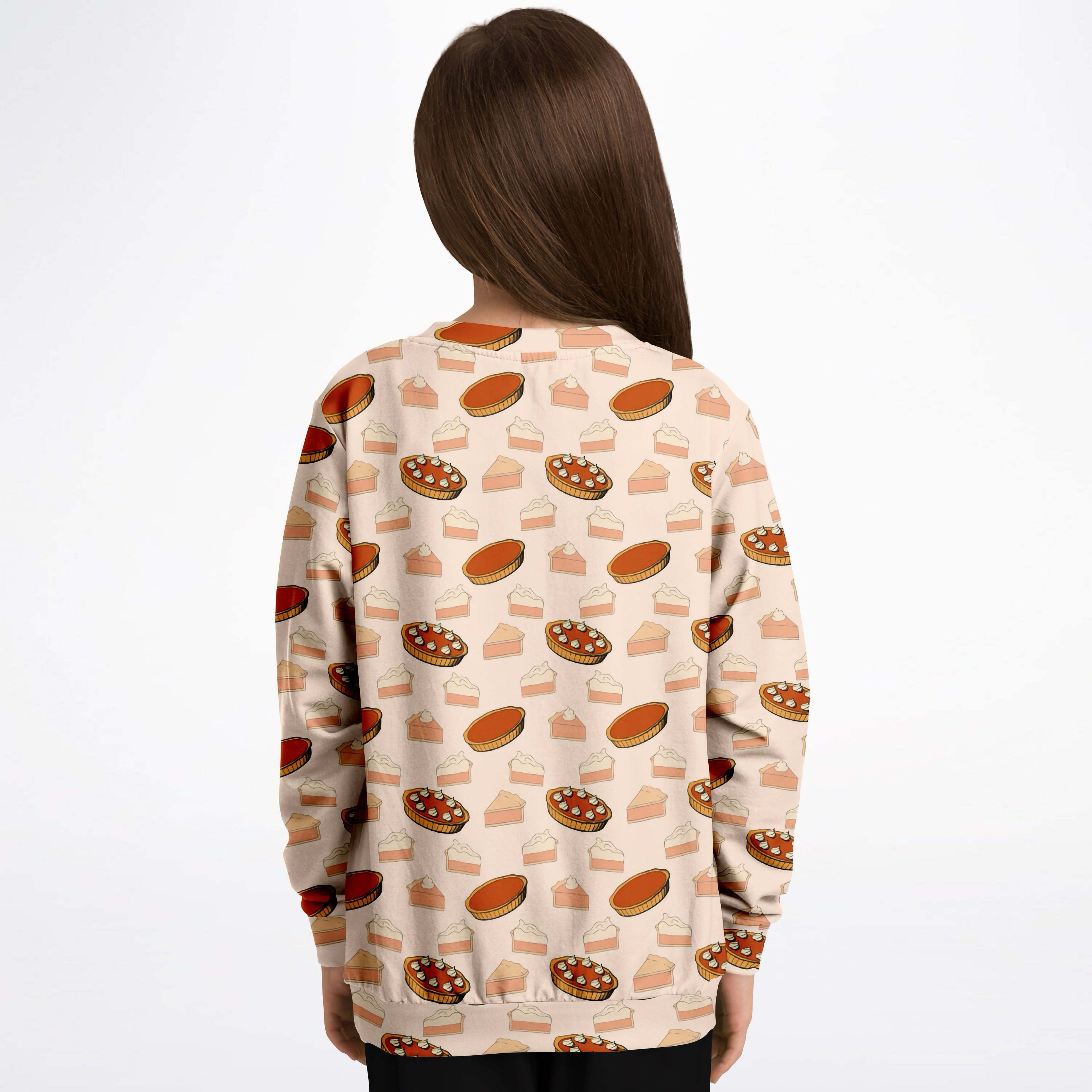 Beige kids pumpkin pie thanksgiving sweatshirt with playful cartoon-style pie print in cozy cotton fleece