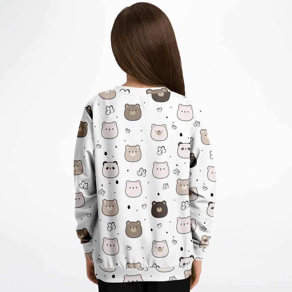 White long-sleeved kids bears and pandas sweatshirt with playful bear pattern in cozy cotton fleece or lightweight fabric