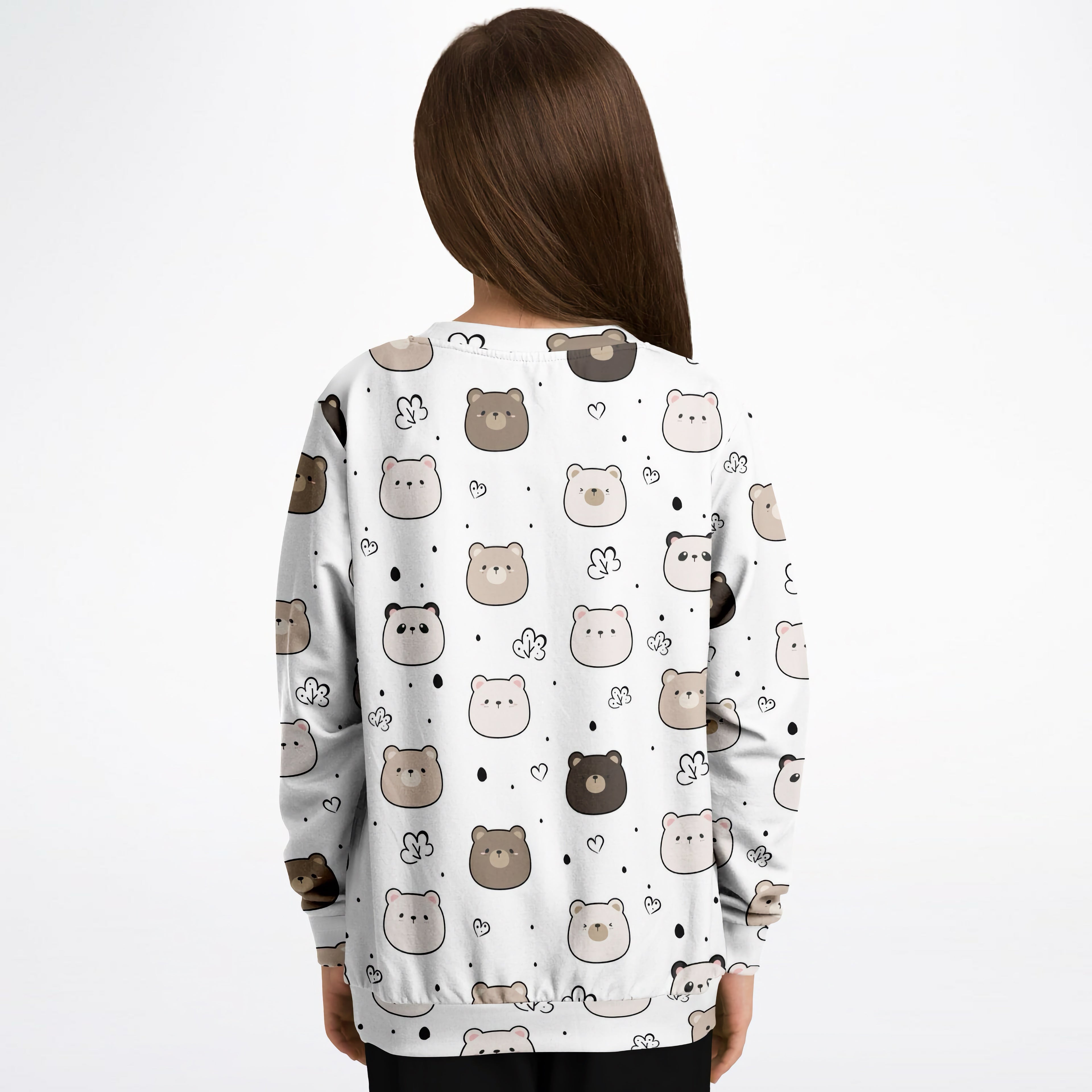 White long-sleeved kids bears and pandas sweatshirt with playful bear pattern in cozy cotton fleece or lightweight fabric
