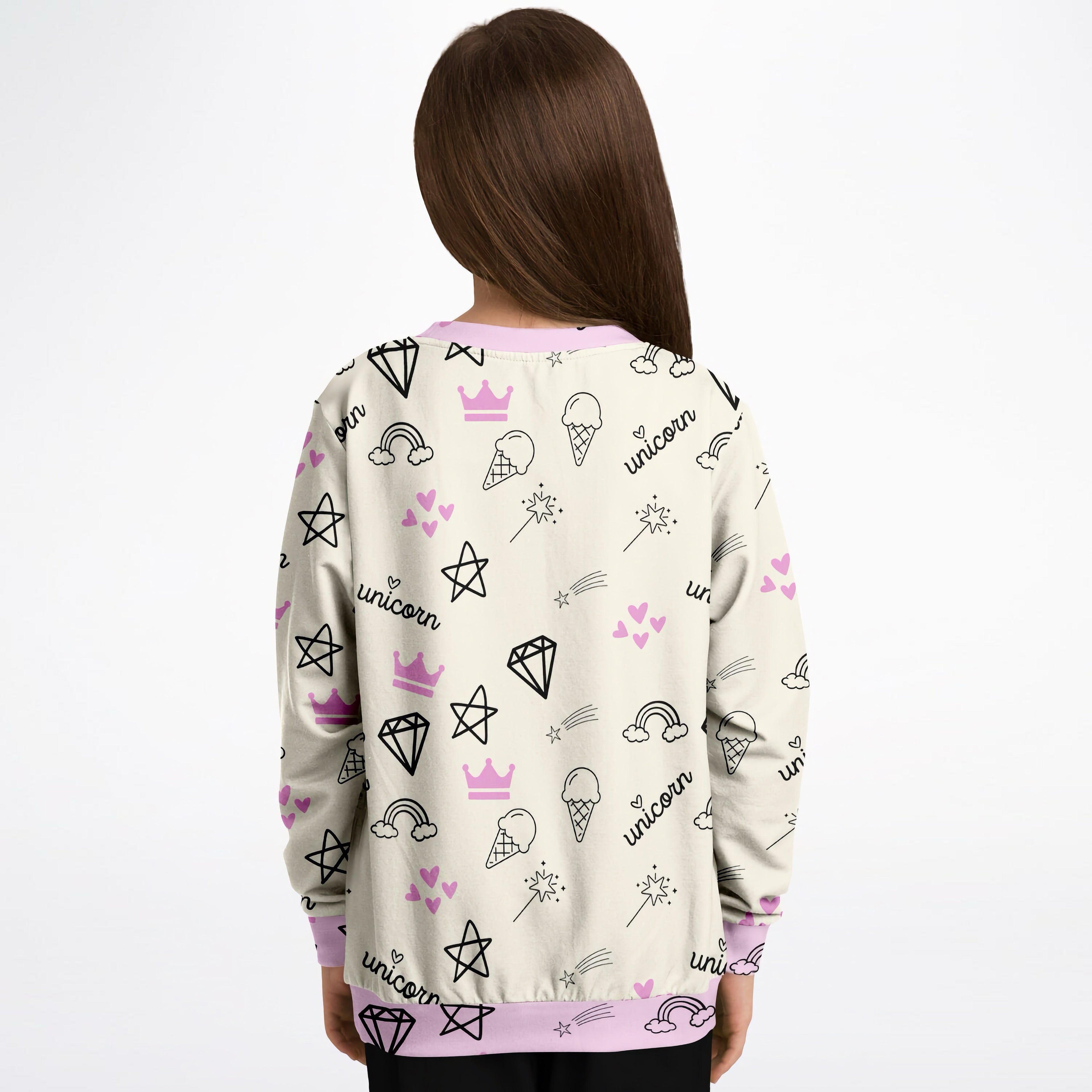 Cream-colored girls magical unicorn sweatshirt with playful black outlined unicorns and pink accents in cozy cotton fleece