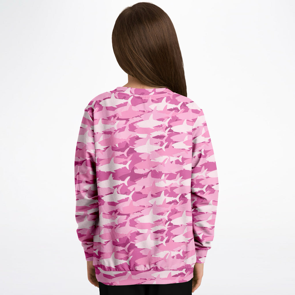 Girls pink shark sweatshirt in cozy cotton fleece with white and pink shark camouflage pattern