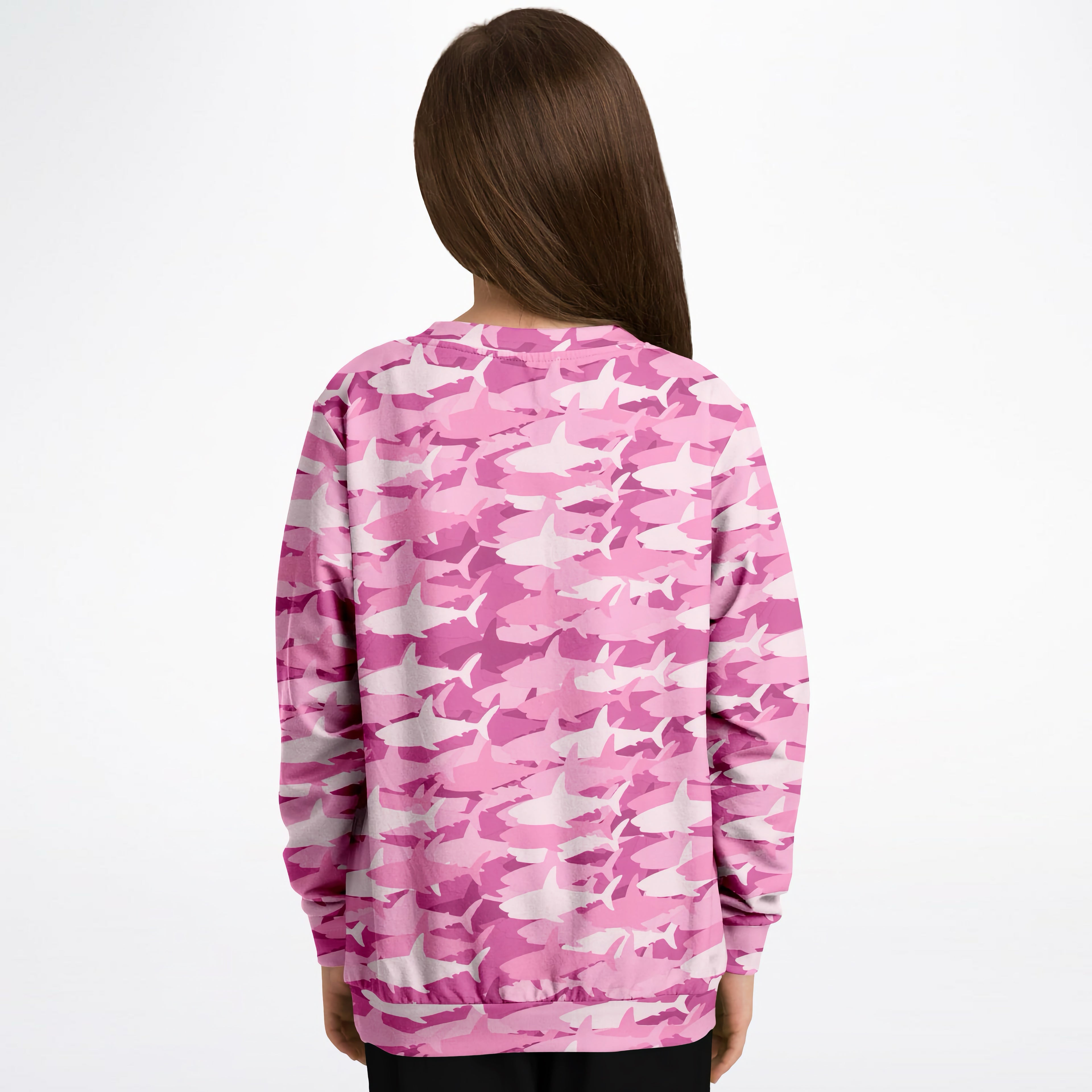 Girls pink shark sweatshirt in cozy cotton fleece with white and pink shark camouflage pattern