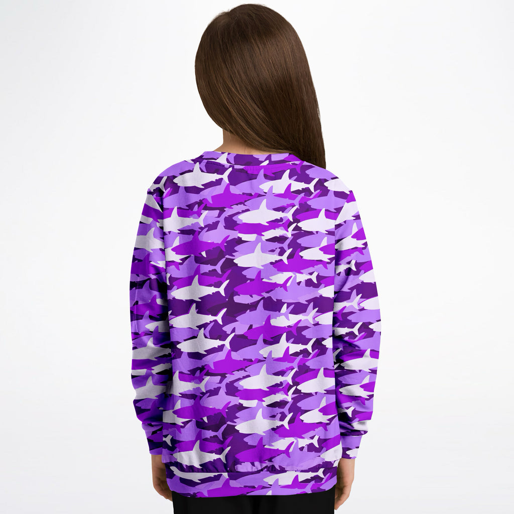 Girls purple and white shark camouflage long sleeve sweatshirt made of cozy cotton fleece or lightweight sports fabric