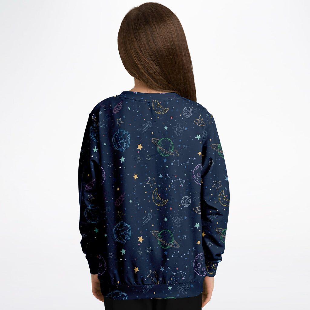 Navy blue kids sweatshirt with a colorful galaxy space design in cozy cotton fleece or lightweight sports fabric