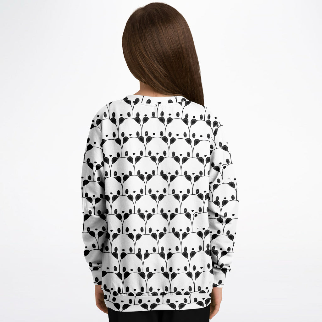 White kids panda sweatshirt with black panda face pattern made of cozy cotton fleece or lightweight sports fabric