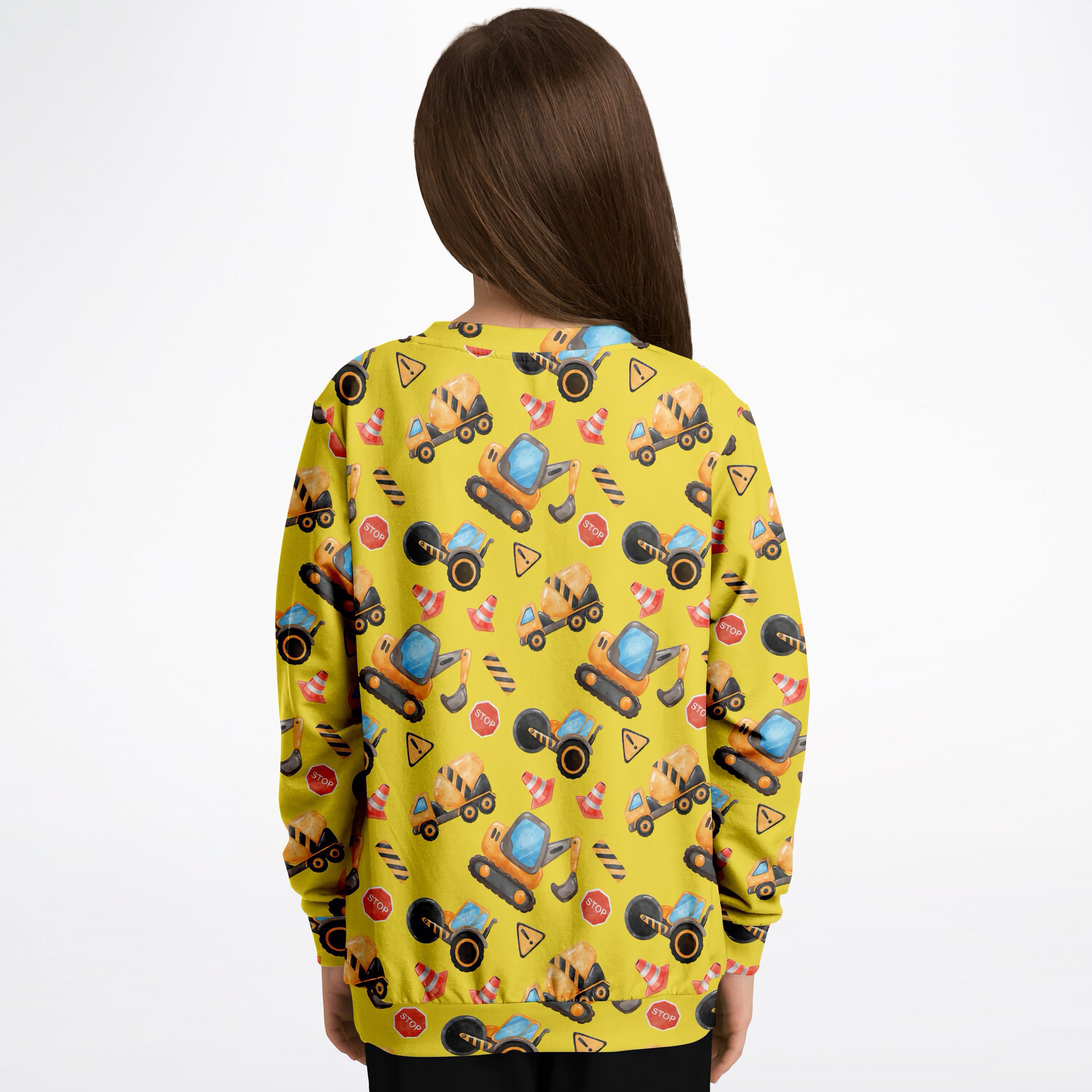 Yellow kids construction themed sweatshirt with playful excavator print in cozy cotton fleece or lightweight sports fabric