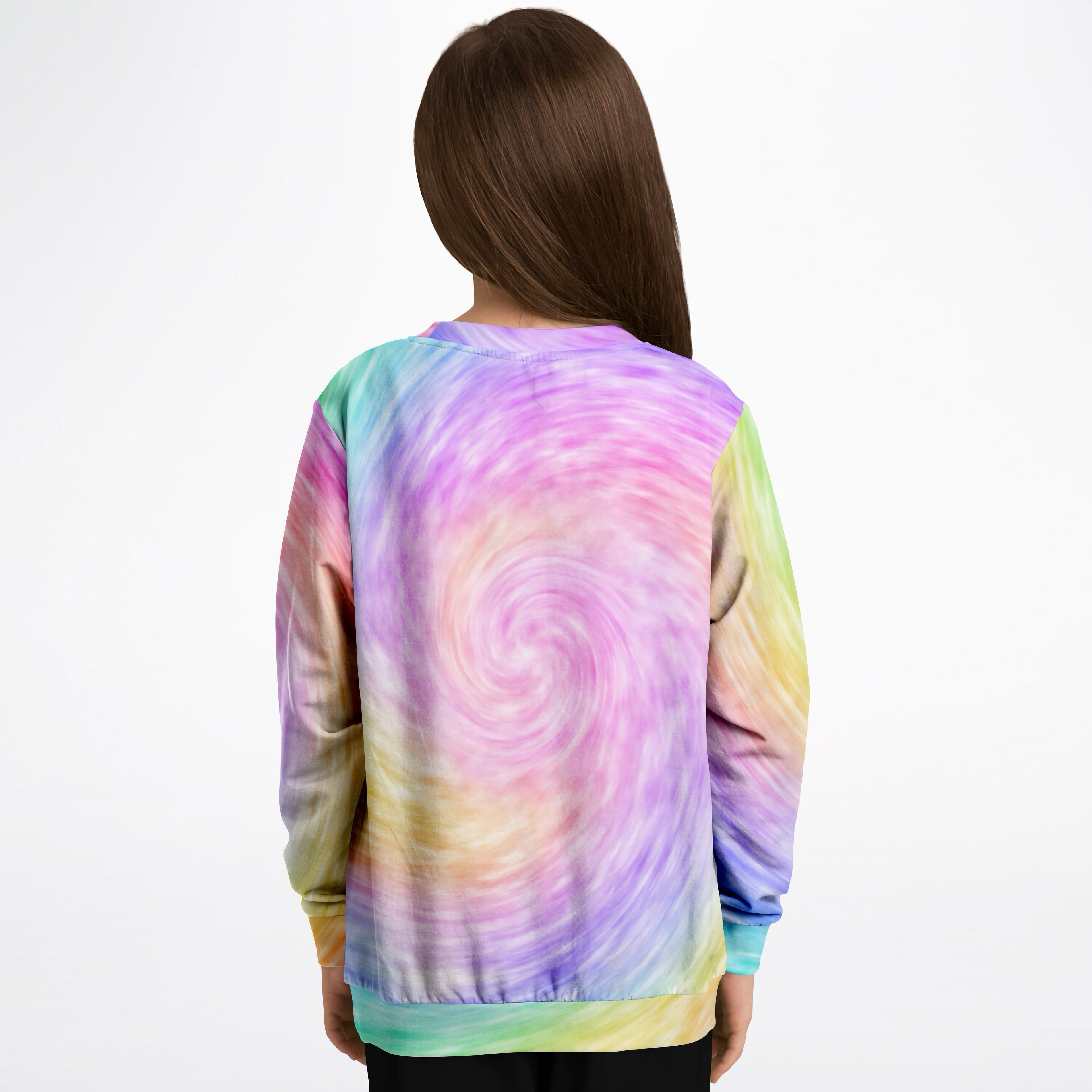 Girls birthday girl vibrant rainbow tie dye sweatshirt with pastel spiral pattern in cozy cotton fleece fabric