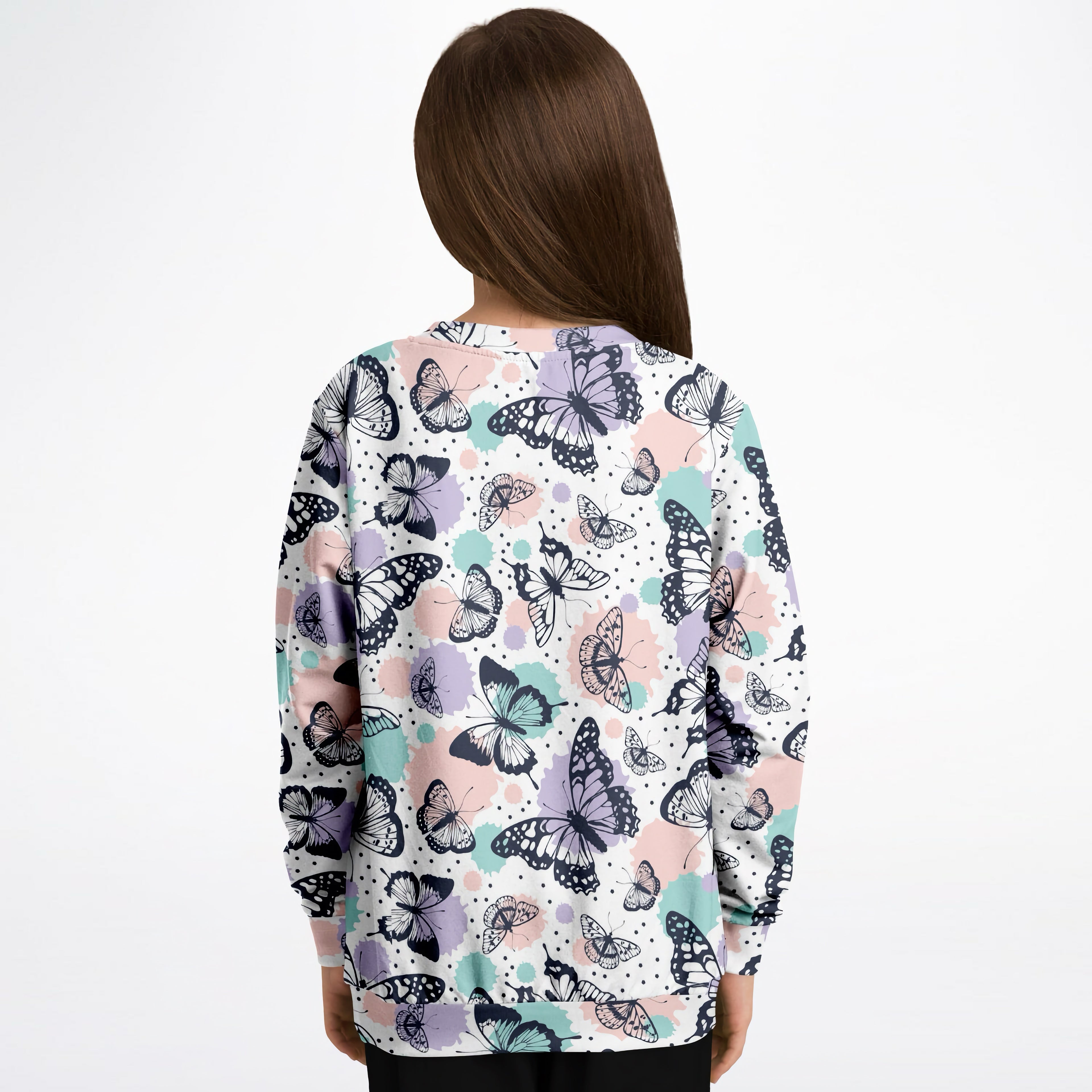 Girls butterfly sweatshirt with black purple and teal butterfly pattern on white cotton fleece for cozy wear