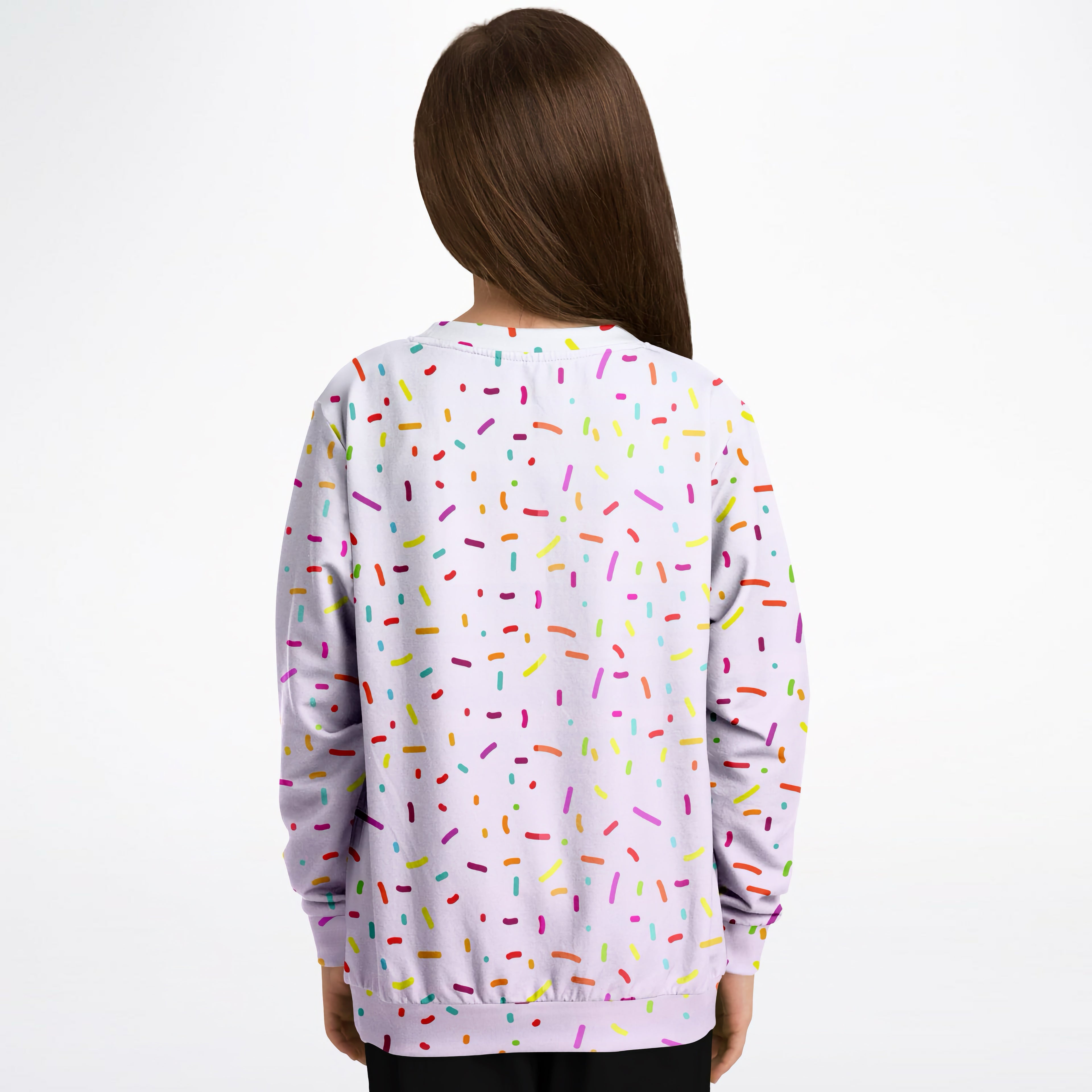 A lavender colorful sprinkles birthday girl sweatshirt in cozy cotton fleece with playful multicolored sprinkle pattern