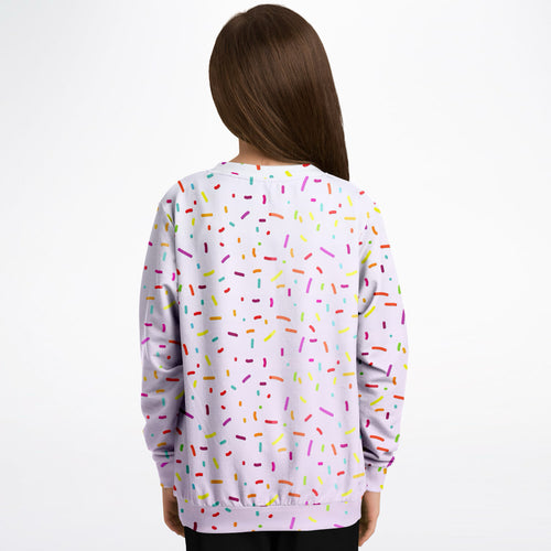 A lavender colorful sprinkles birthday girl sweatshirt in cozy cotton fleece with playful multicolored sprinkle pattern