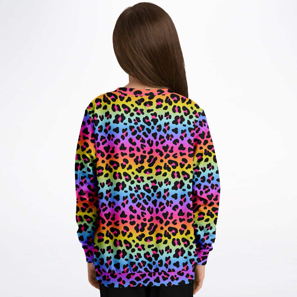 Girls Rainbow Leopard Sweatshirt – Cozy Cotton Fleece or Lightweight Sports Fabric