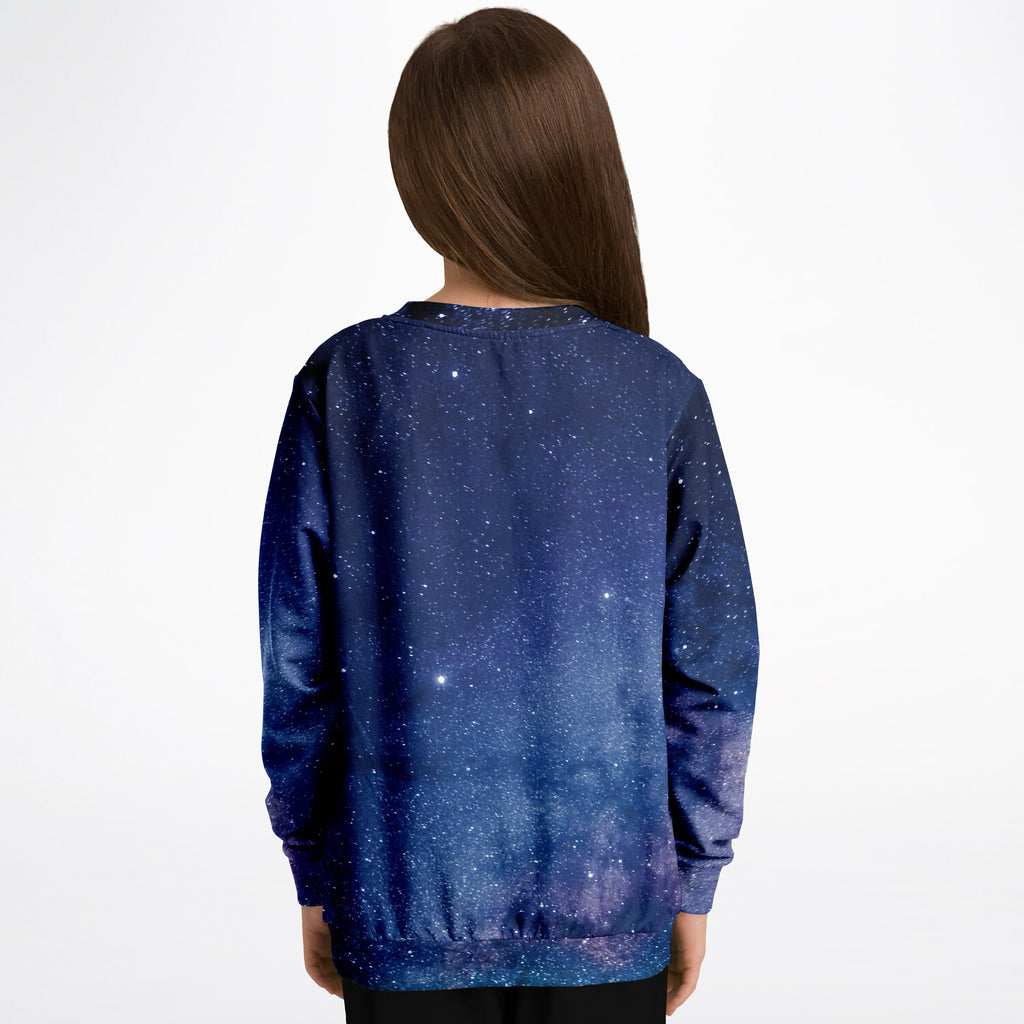 Kids navy blue galaxy-themed long-sleeve sweatshirt with white stars in cozy cotton fleece or lightweight sports fabric