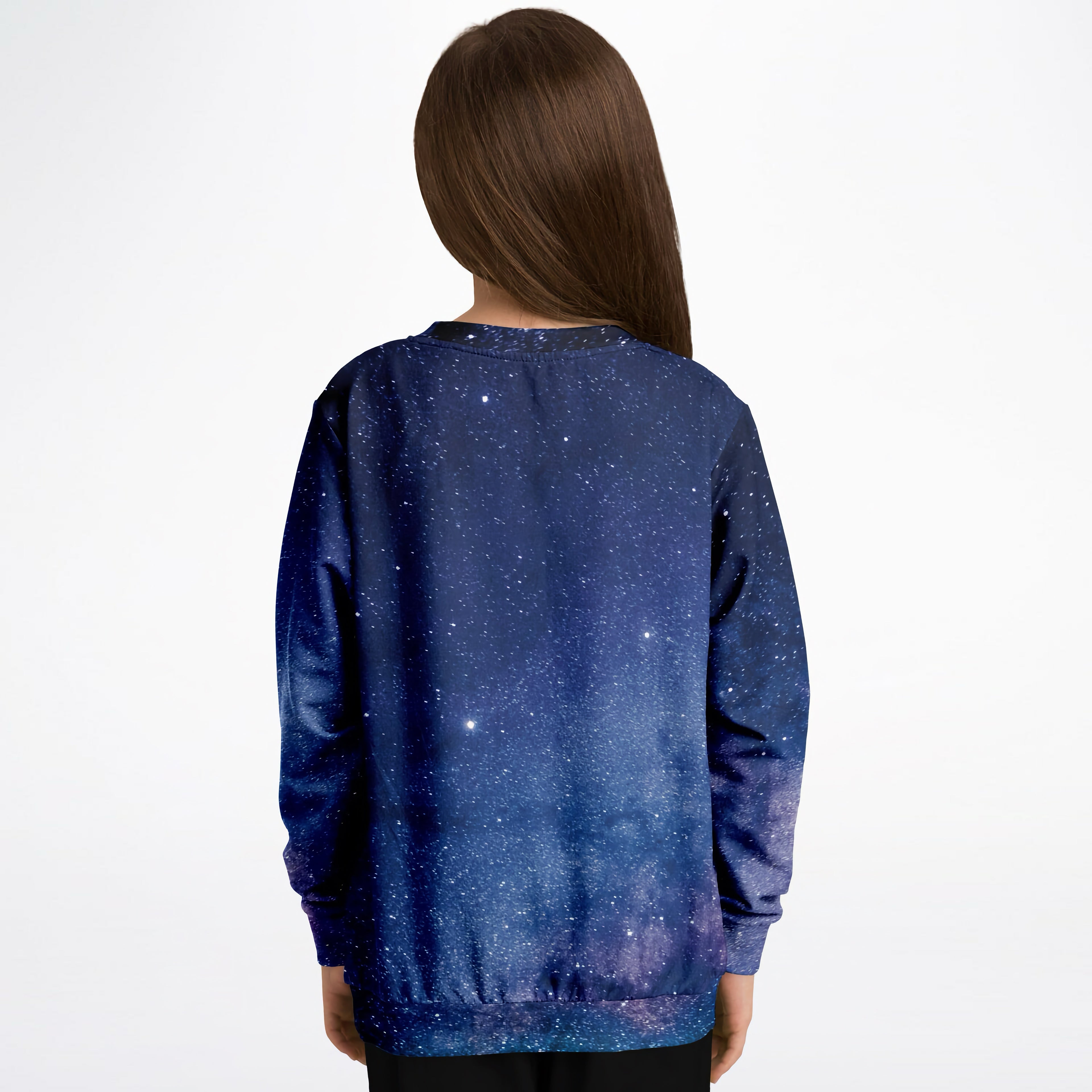 Kids navy blue galaxy-themed long-sleeve sweatshirt with white stars in cozy cotton fleece or lightweight sports fabric