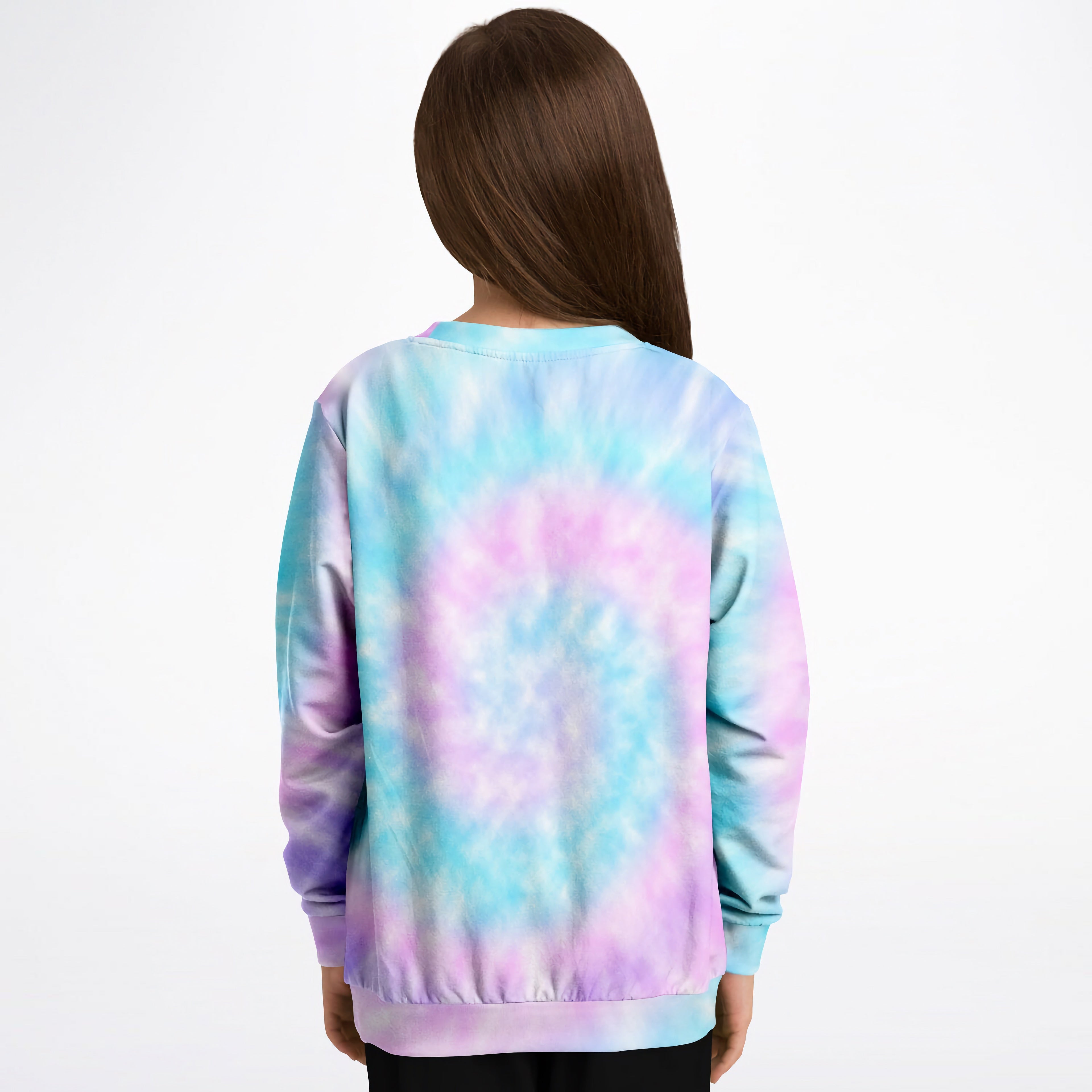 A girls custom age tie dye its my birthday sweatshirt in pastel blue and purple cotton fleece for cozy wear