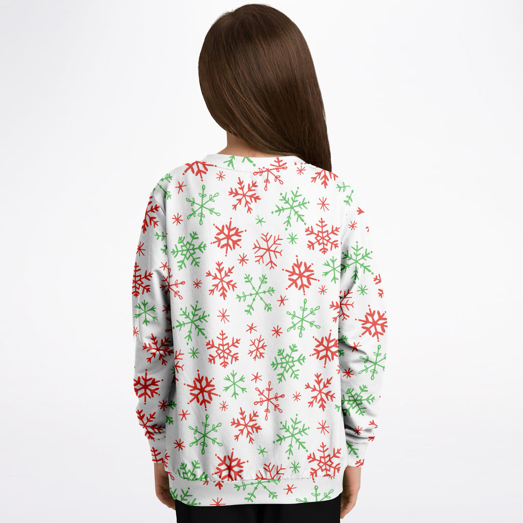 Kids Red & Green Snowflakes Christmas Sweatshirt – Ultra Soft & Stretchy, Cozy Fleece or Lightweight Sports Fabric Sweatshirt – Ultra Soft & Stretchy, Cozy Fleece or Lightweight Sports Fabric