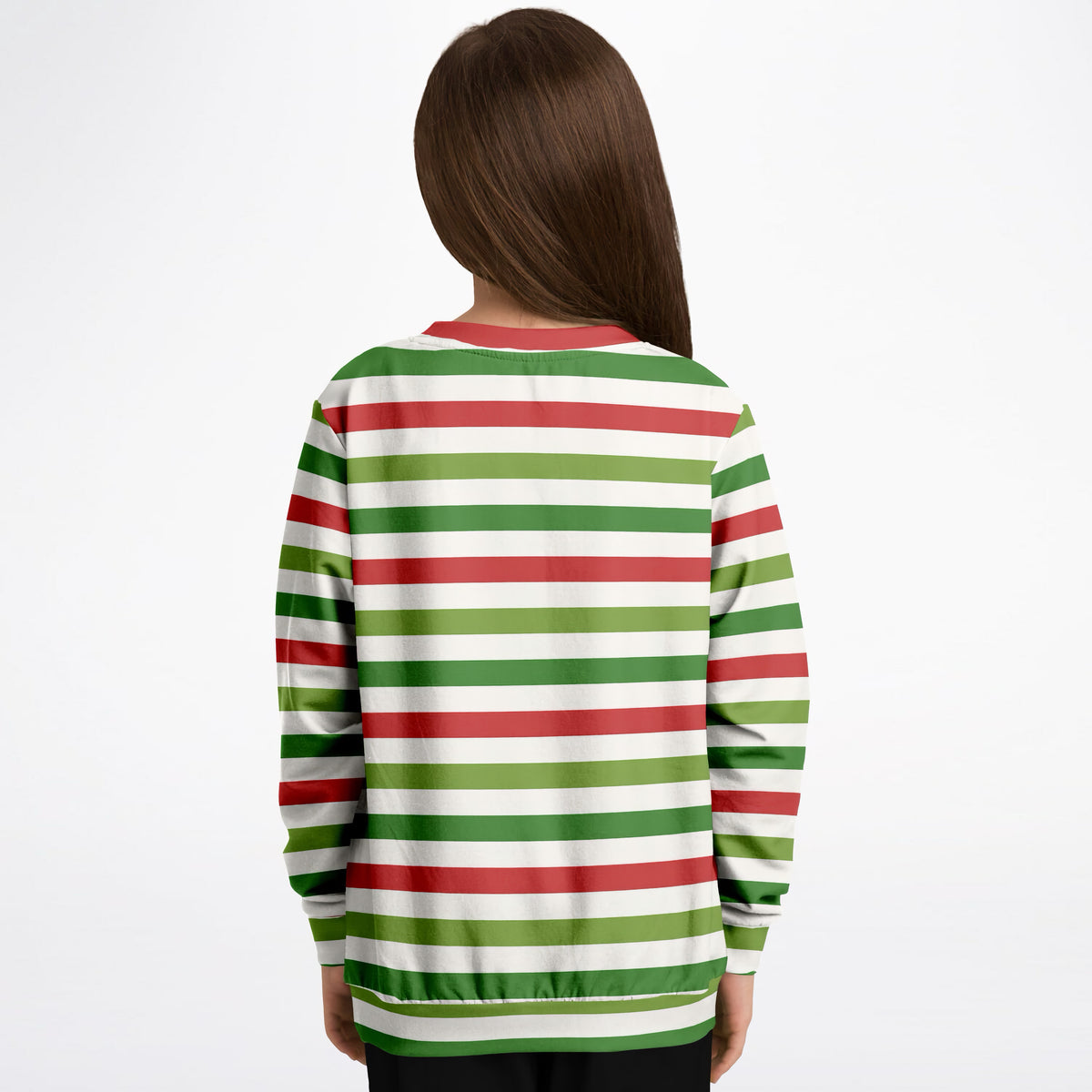 Kids Red Green & White Christmas Striped Sweatshirt – Ultra Soft & Stretchy, Cozy Fleece or Lightweight Sports Fabric Sweatshirt – Ultra Soft & Stretchy, Cozy Fleece or Lightweight Sports Fabric