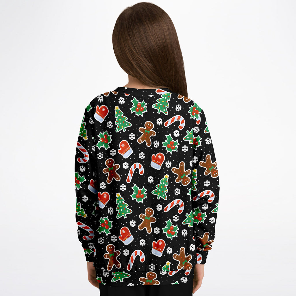 Kids Black Gingerbread Christmas Sweatshirt – Ultra Soft & Stretchy, Cozy Fleece or Lightweight Sports Fabric Sweatshirt – Ultra Soft & Stretchy, Cozy Fleece or Lightweight Sports Fabric