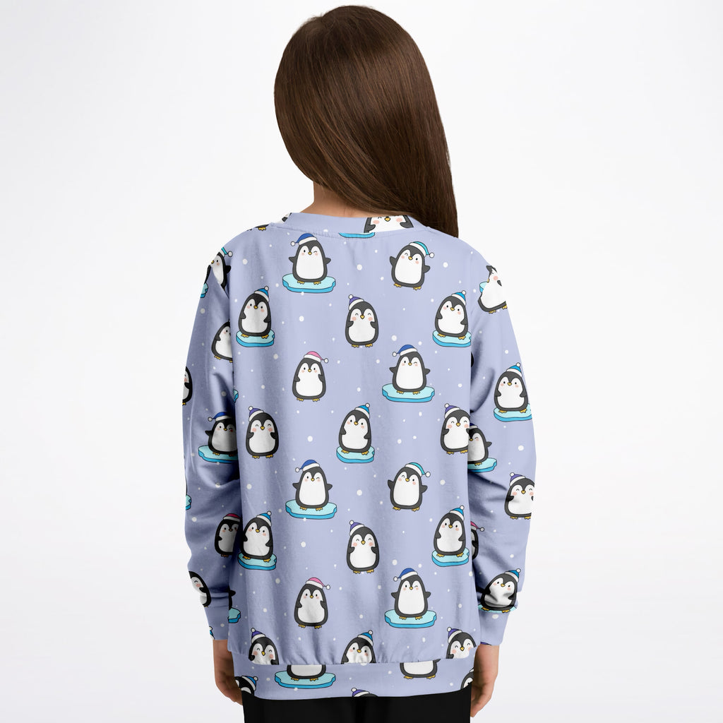 Kids Light Purple Penguin & Snowman Christmas Sweatshirt – Ultra Soft & Stretchy, Cozy Fleece or Lightweight Sports Fabric Sweatshirt – Ultra Soft & Stretchy, Cozy Fleece or Lightweight Sports Fabric