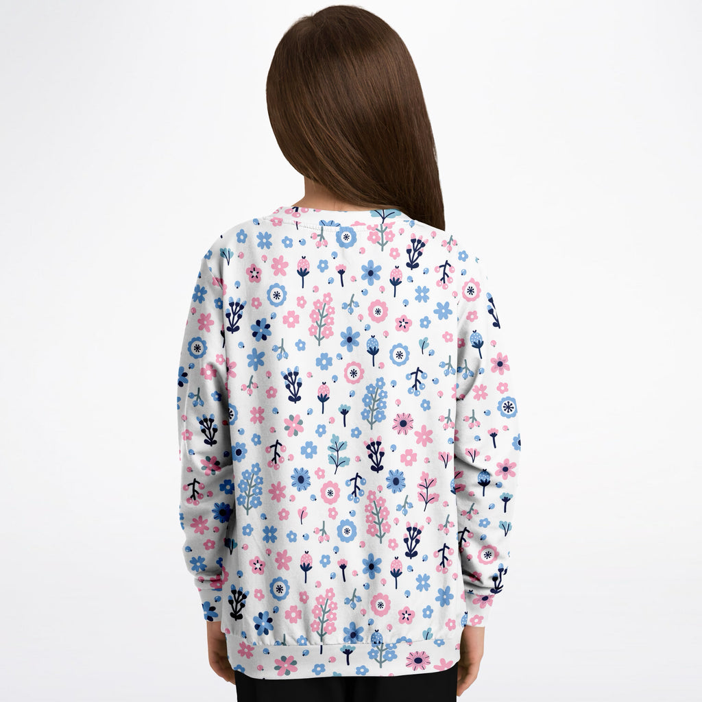 Girls Pink & Blue Floral Sweatshirt – Ultra Soft & Stretchy, Cozy Fleece or Lightweight Sports Fabric Sweatshirt – Ultra Soft & Stretchy, Cozy Fleece or Lightweight Sports Fabric
